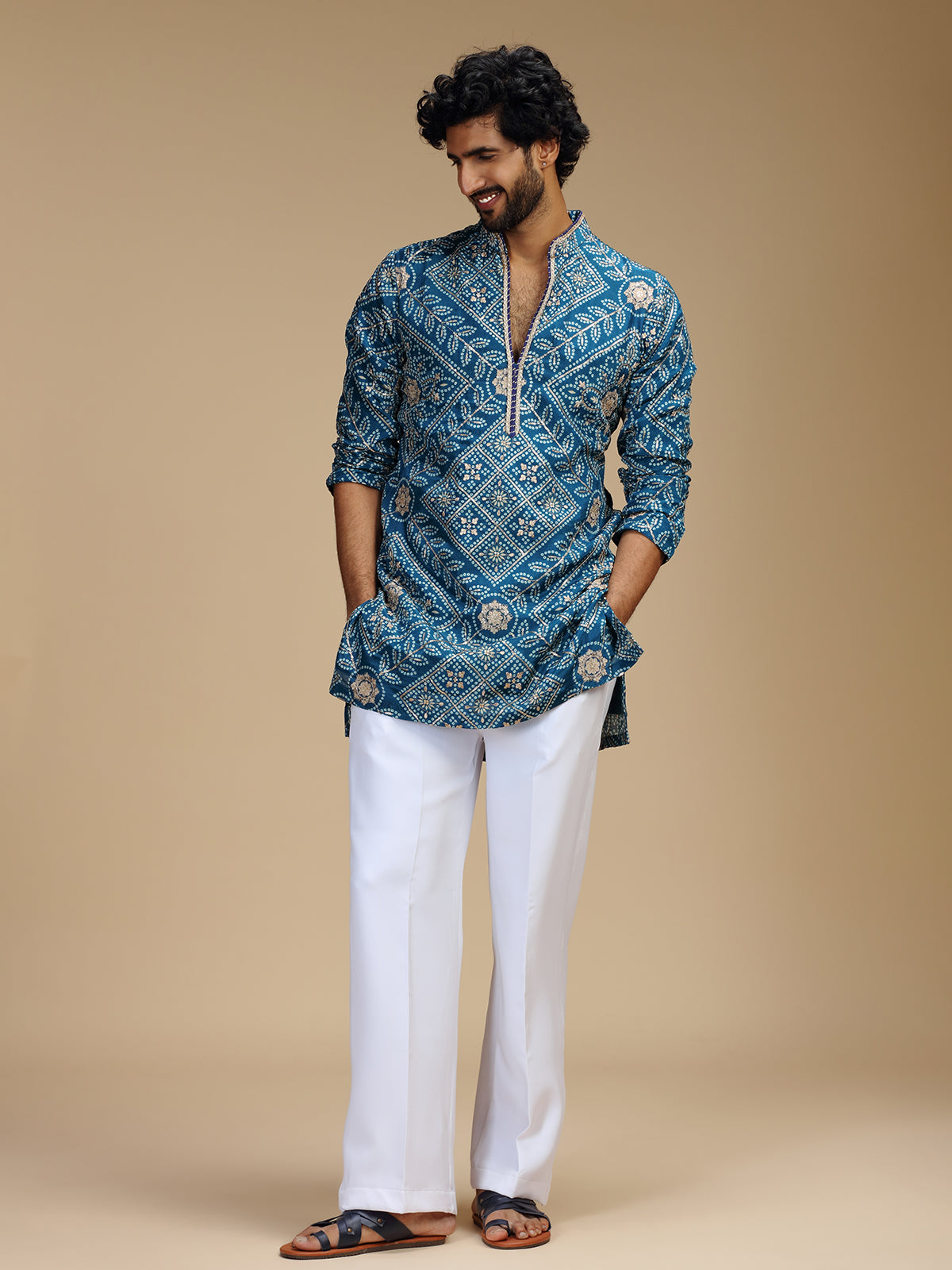 Blue pure crepe mens kurta suit with floral bandhani print