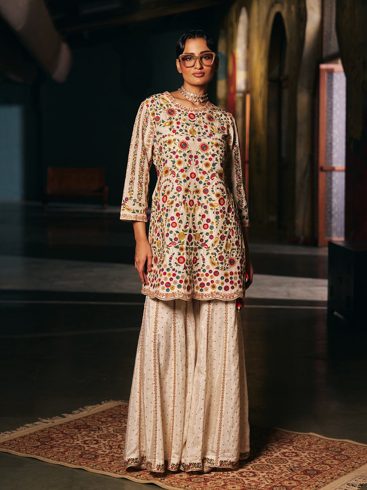 Cream silk womens sharara suit with botanical embroidery