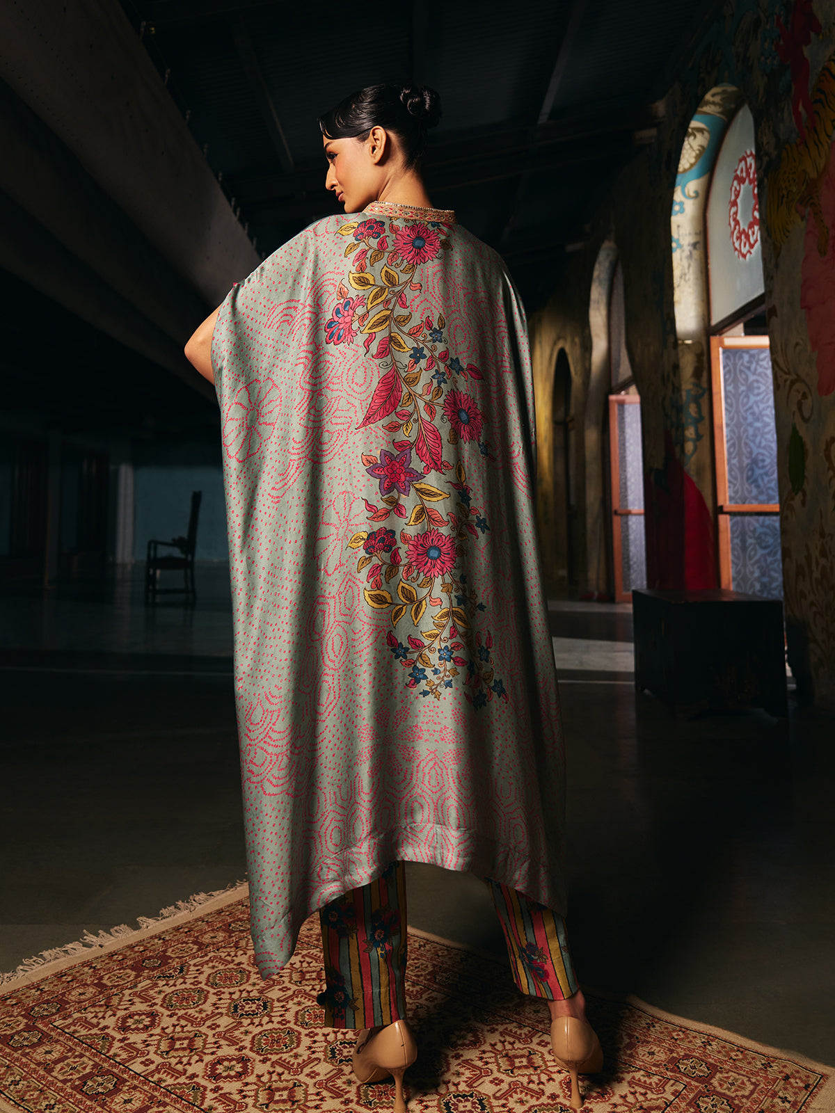 Grey womens designer kaftan style fusion suit with floral print
