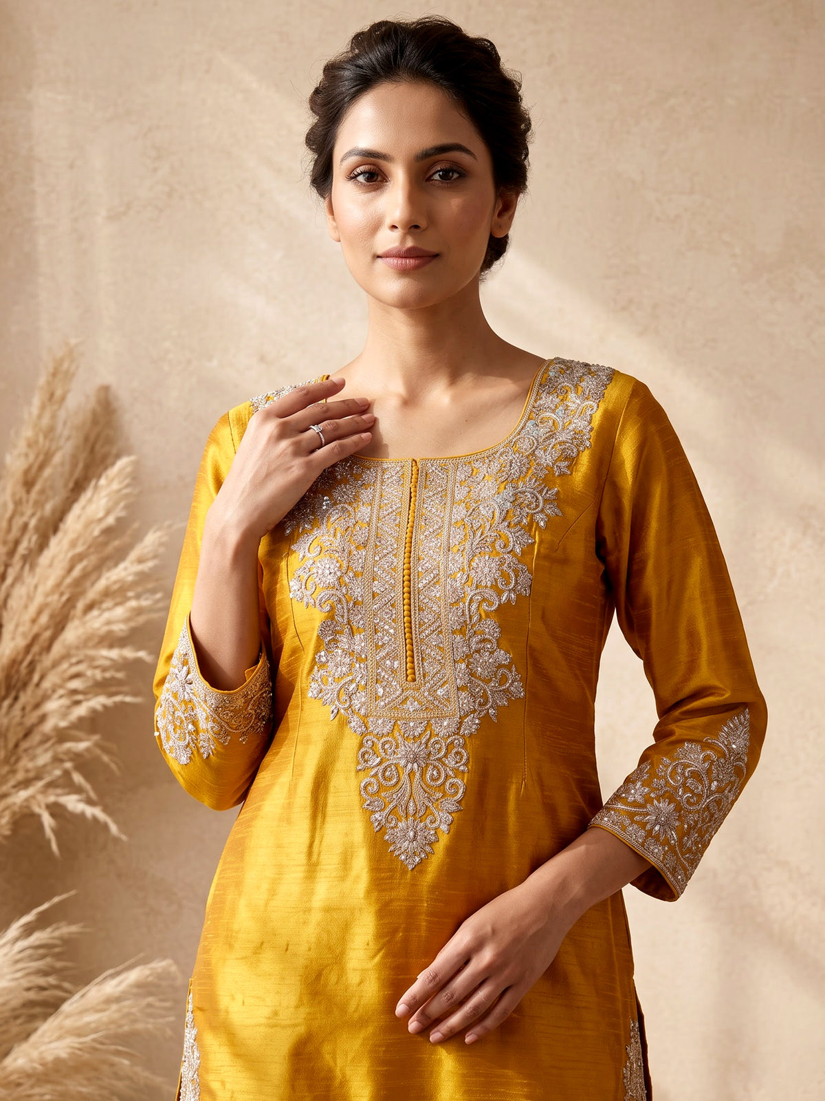 Mustard yellow raw silk punjabi suit with zari dupatta detailing