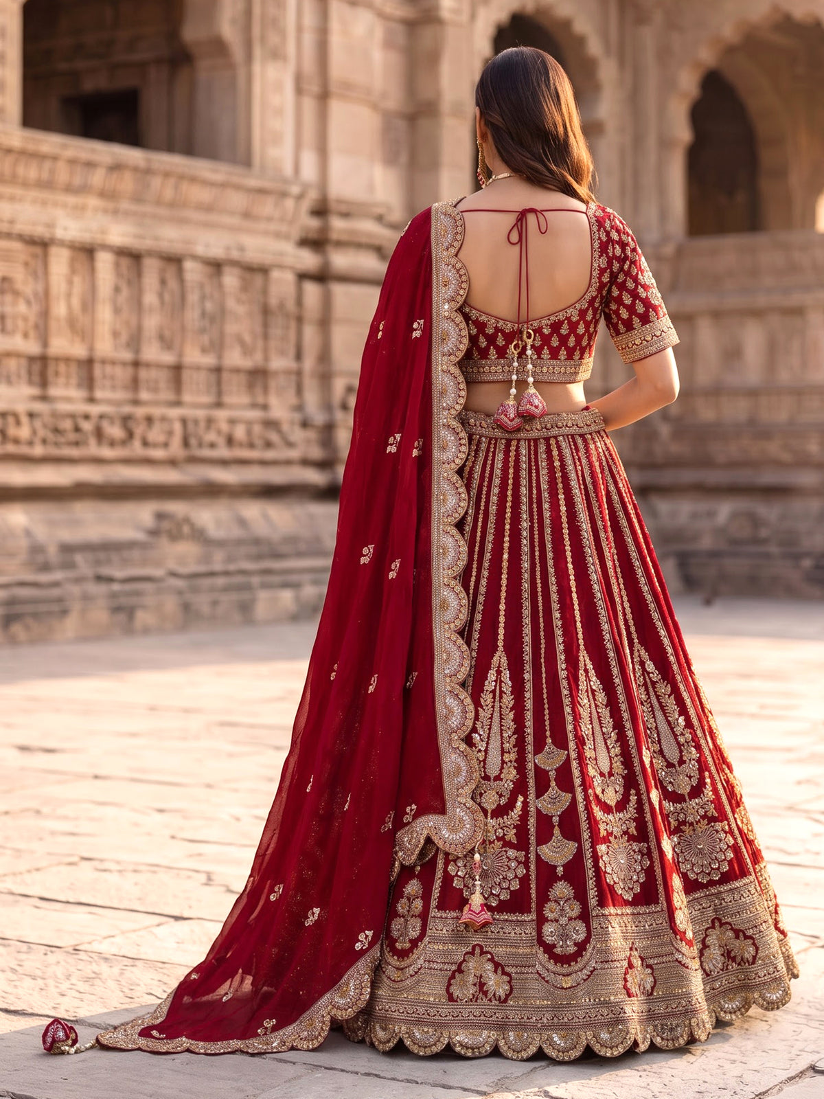 Maroon raw silk bridal lehenga choli with zardosi detailing