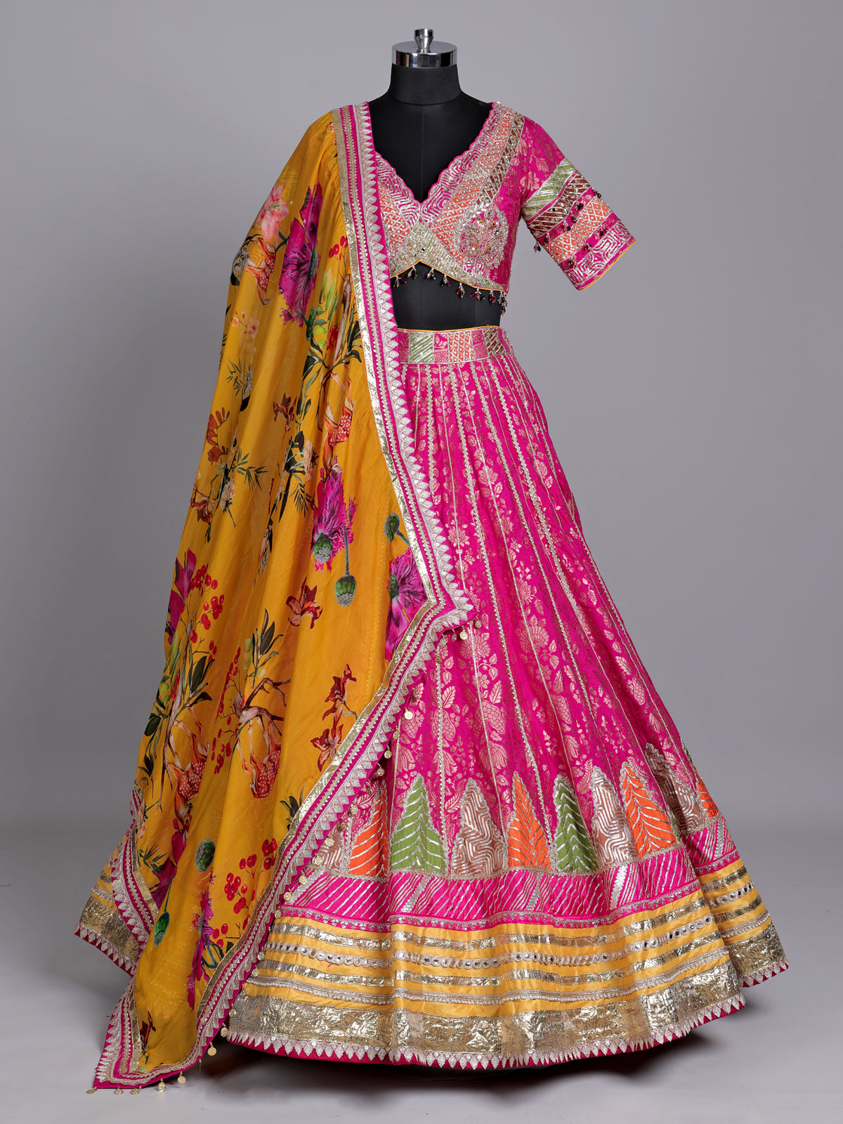 Rani pink banarasi silk lehenga choli with contrast dupatta