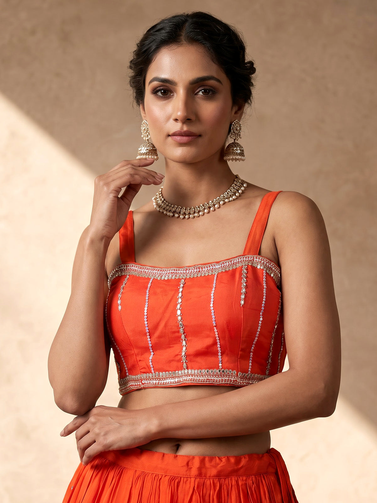 Orange tissue silk lehenga choli with designer three piece styling