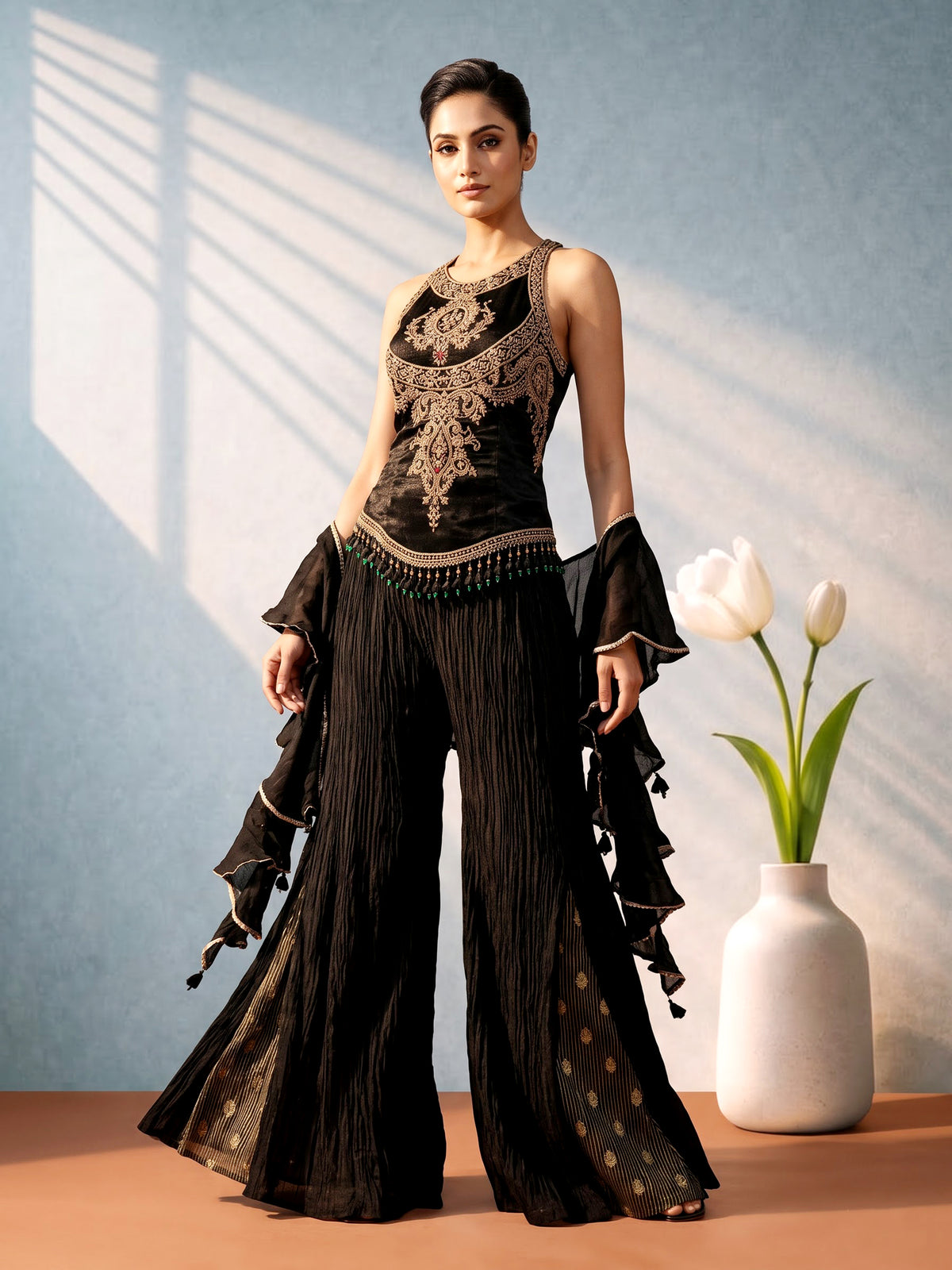 Black silk salwar suit with ruffle dupatta and palazzo