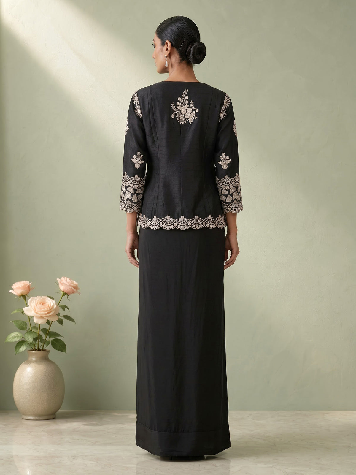 Black raw silk indowestern suit with crepe palazzo