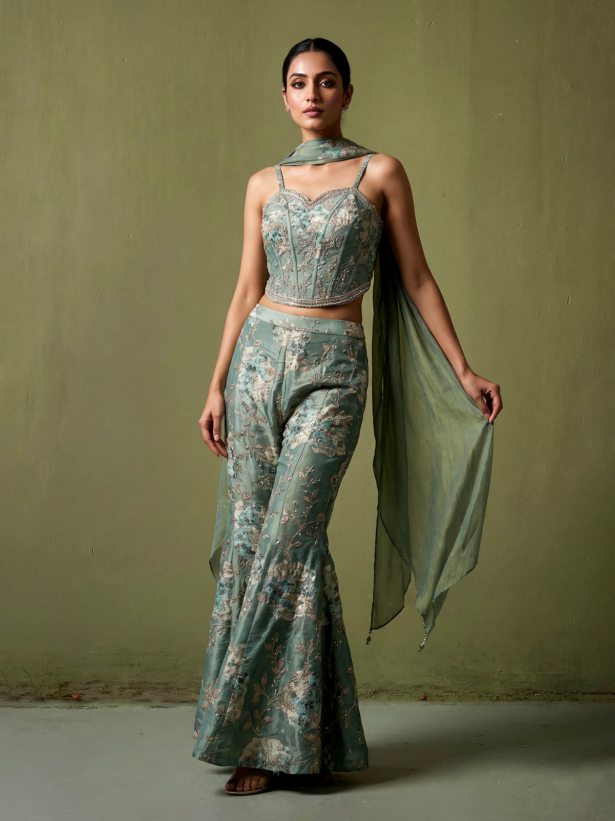 Pastel pista green designer silk palazzo suit with floral dupatta