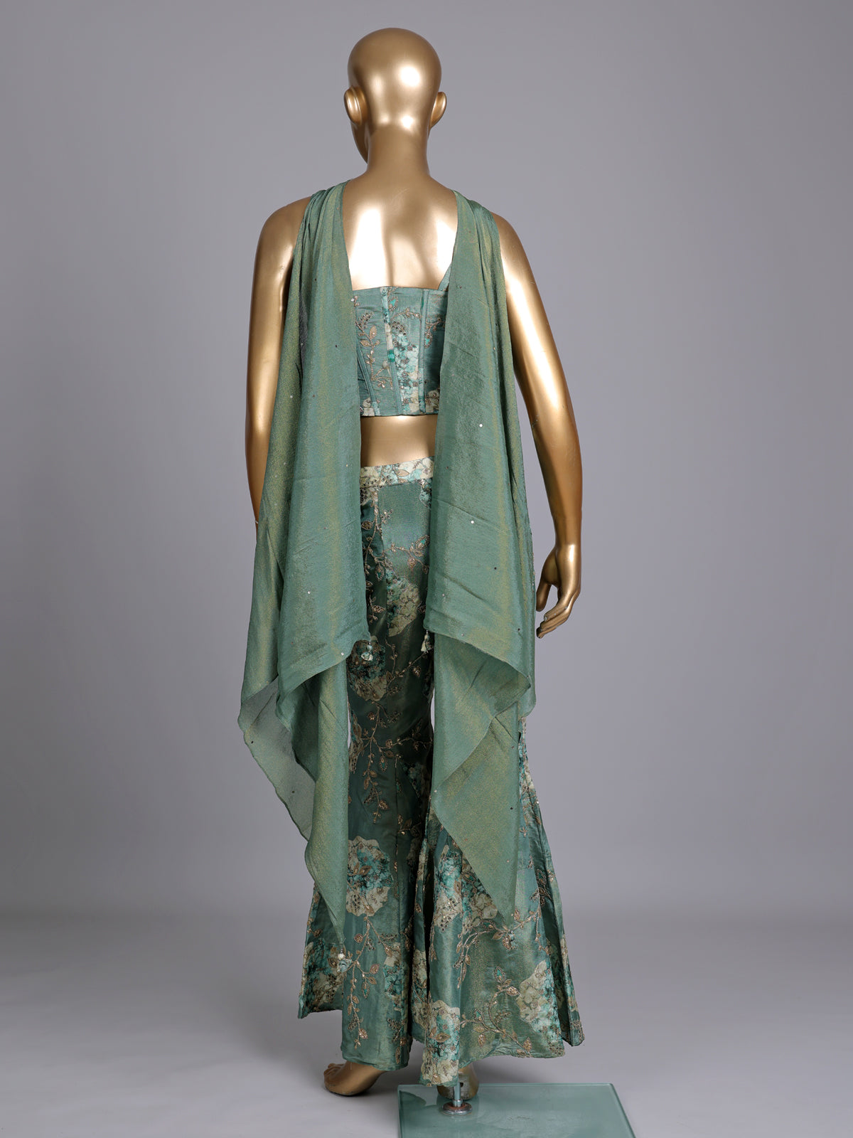 Pastel pista green designer silk palazzo suit with floral dupatta