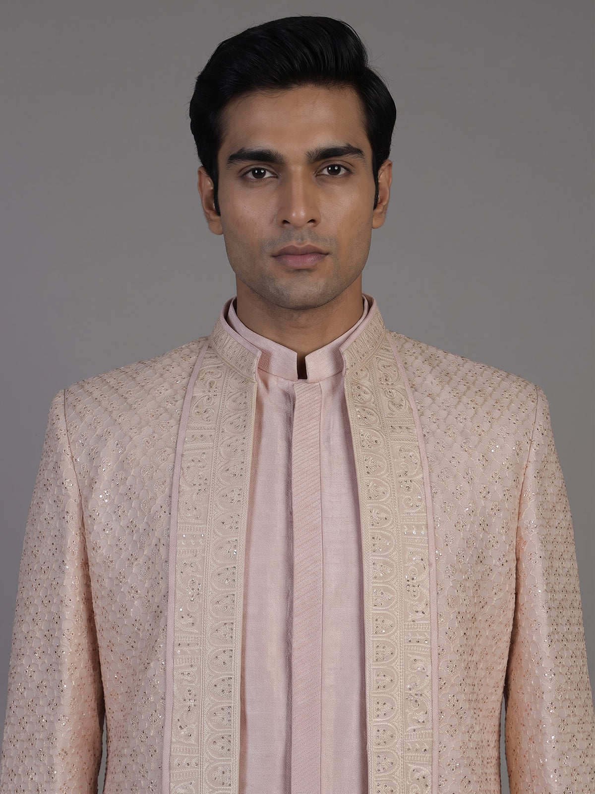 Pink jacquard silk jacket indowestern set for men