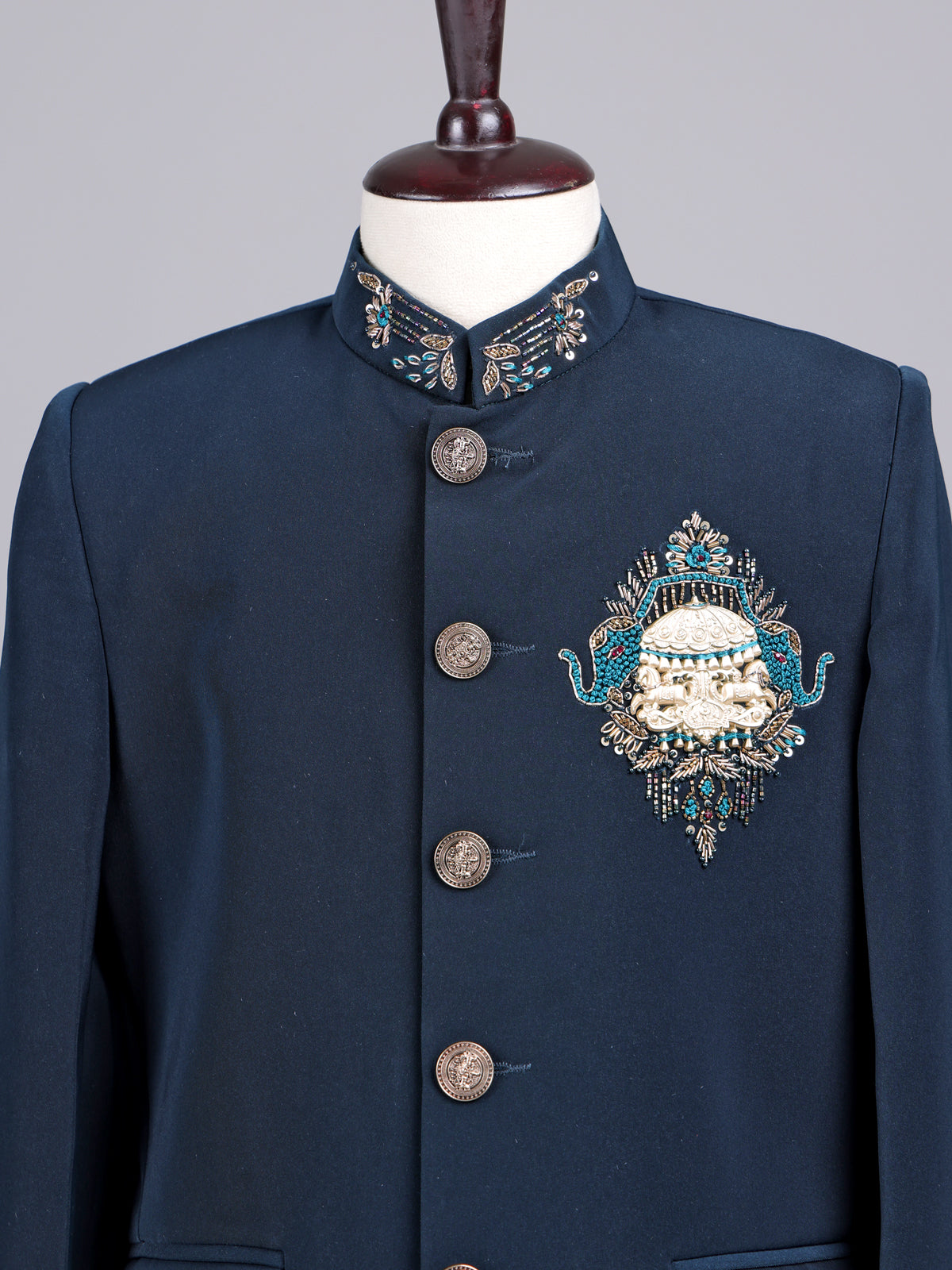 Navy terry rayon boys Jodhpuri suit with antique buttons