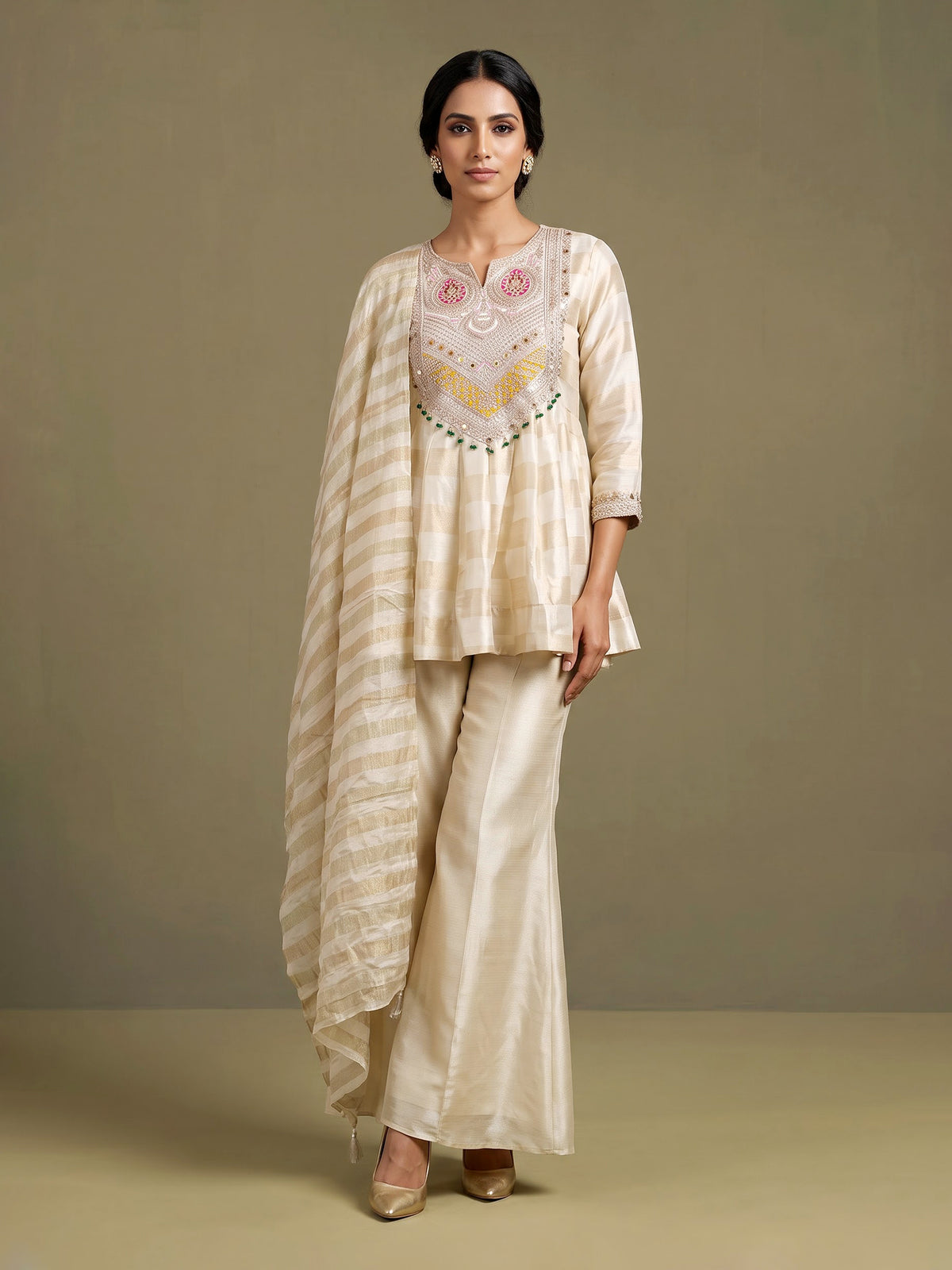 cream silk U neck anarkali suit with yoke style and dupatta