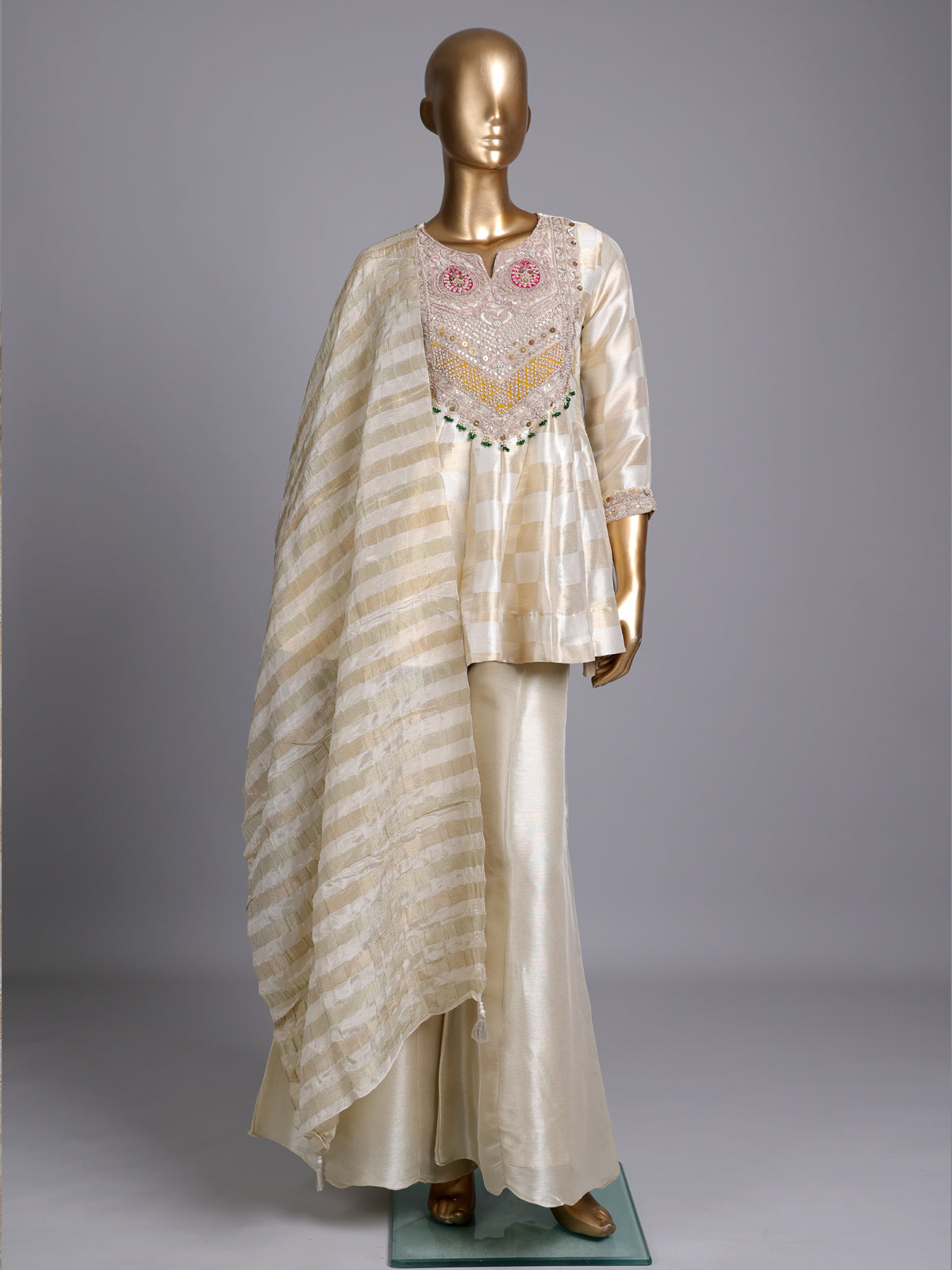 cream silk U neck anarkali suit with yoke style and dupatta