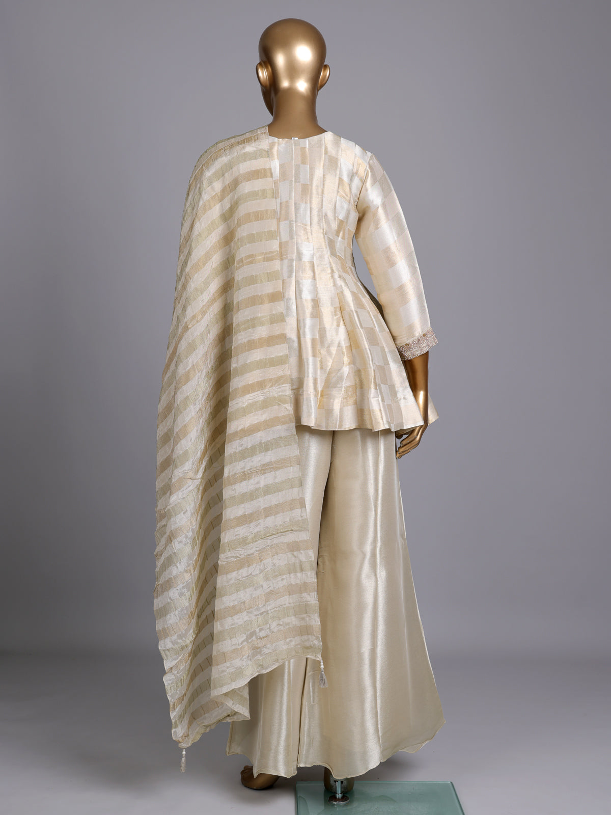 cream silk U neck anarkali suit with yoke style and dupatta