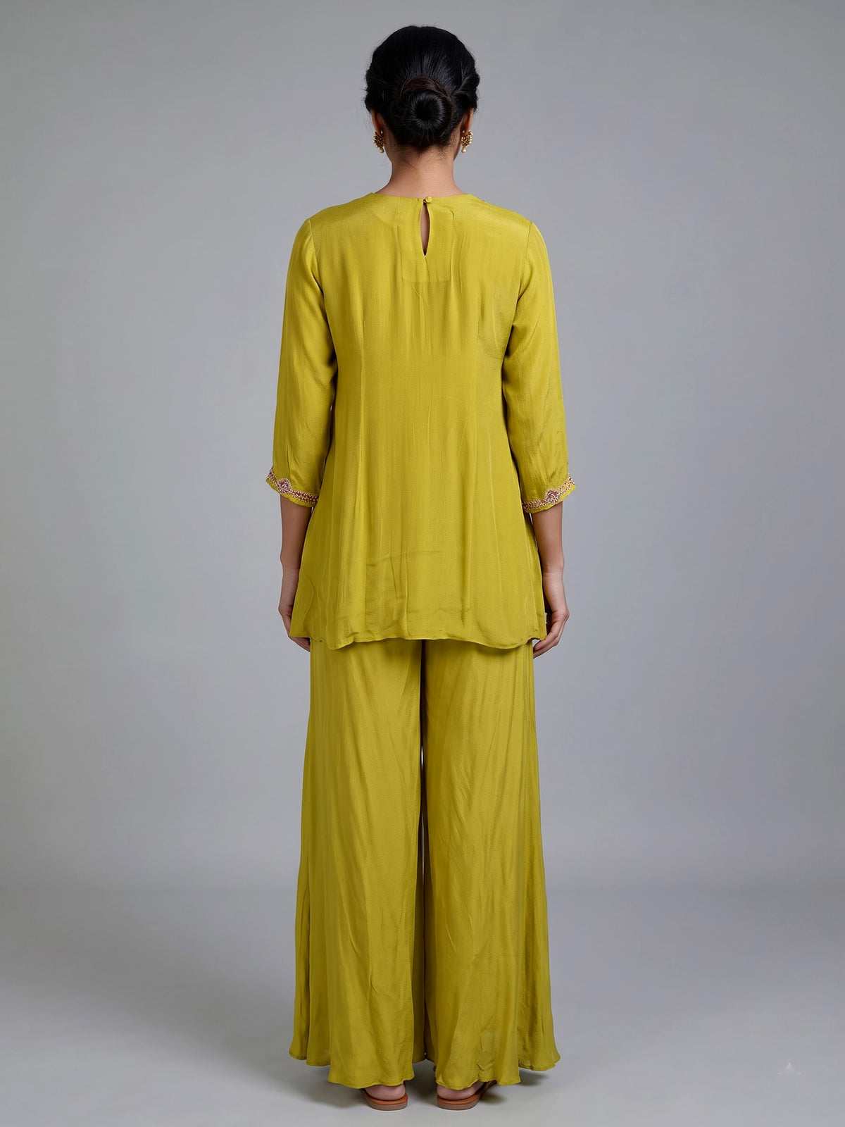 Liril green chiffon silk designer palazzo suit with gota detailing
