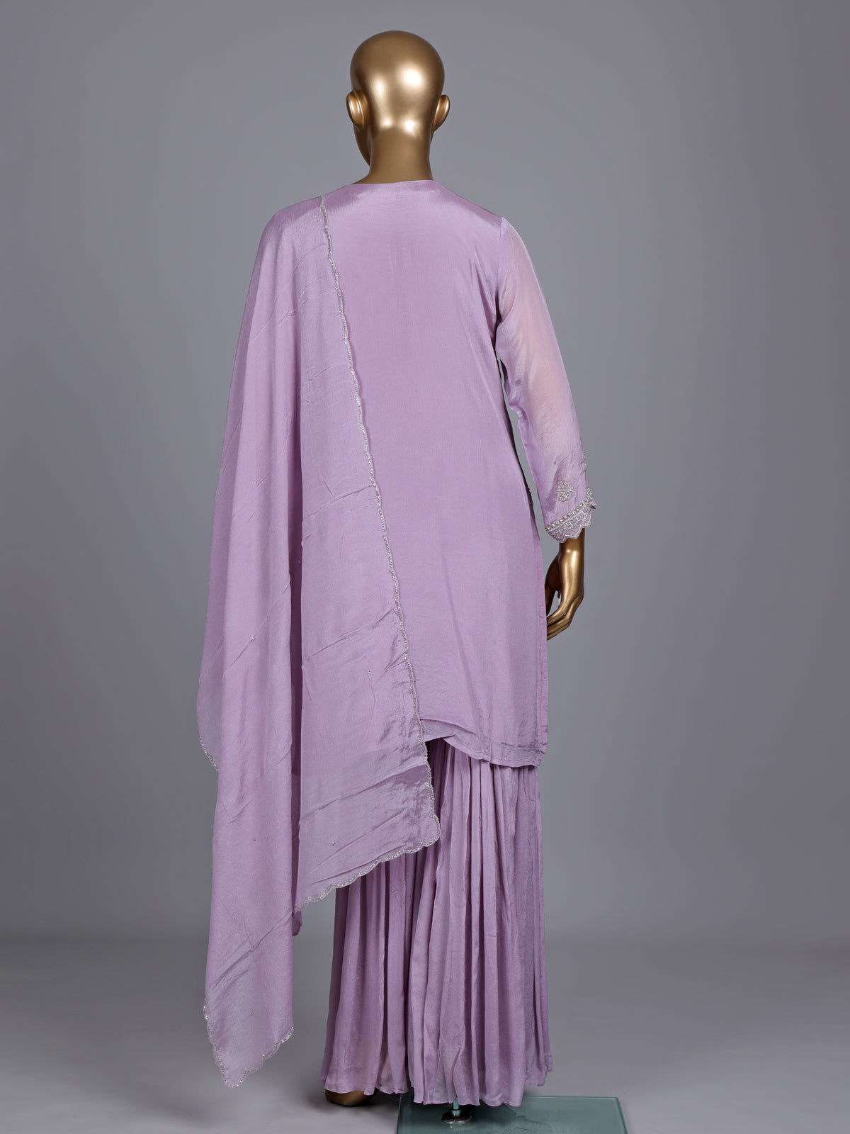 Lilac purple chiffon silk sharara suit with embellished dupatta