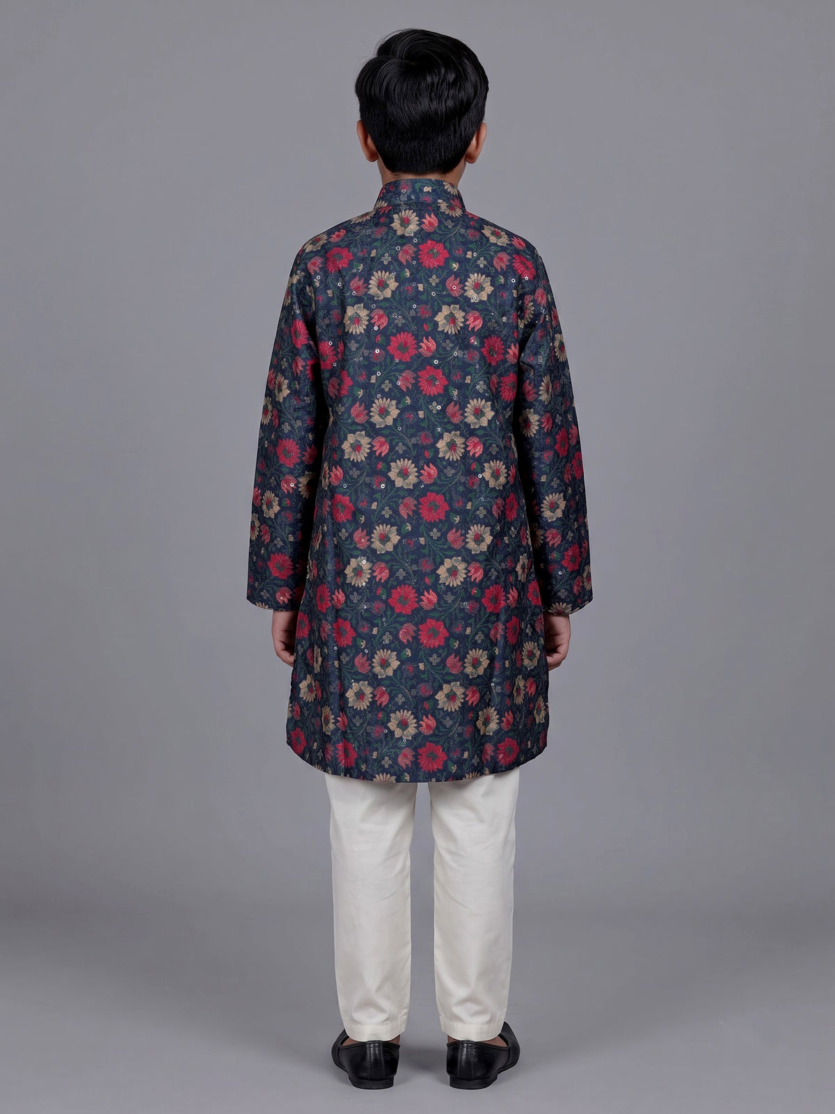 Blue boys cotton silk kurta suit with floral embellishments