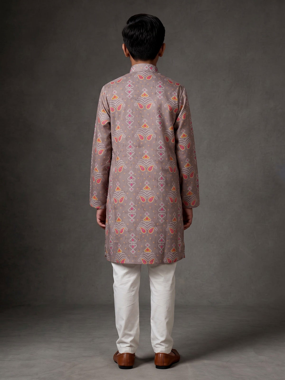 Fawn beige boys linen silk kurta suit with bandhani print
