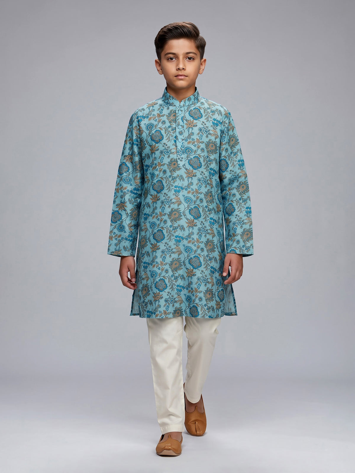 Sky blue boys linen kurta suit with refined floral print