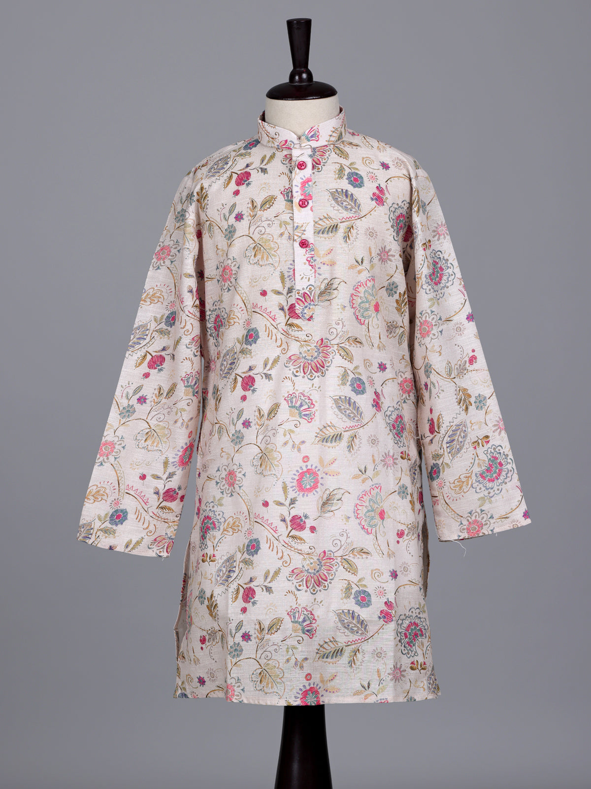 Beige boys linen kurta suit with elegant floral print