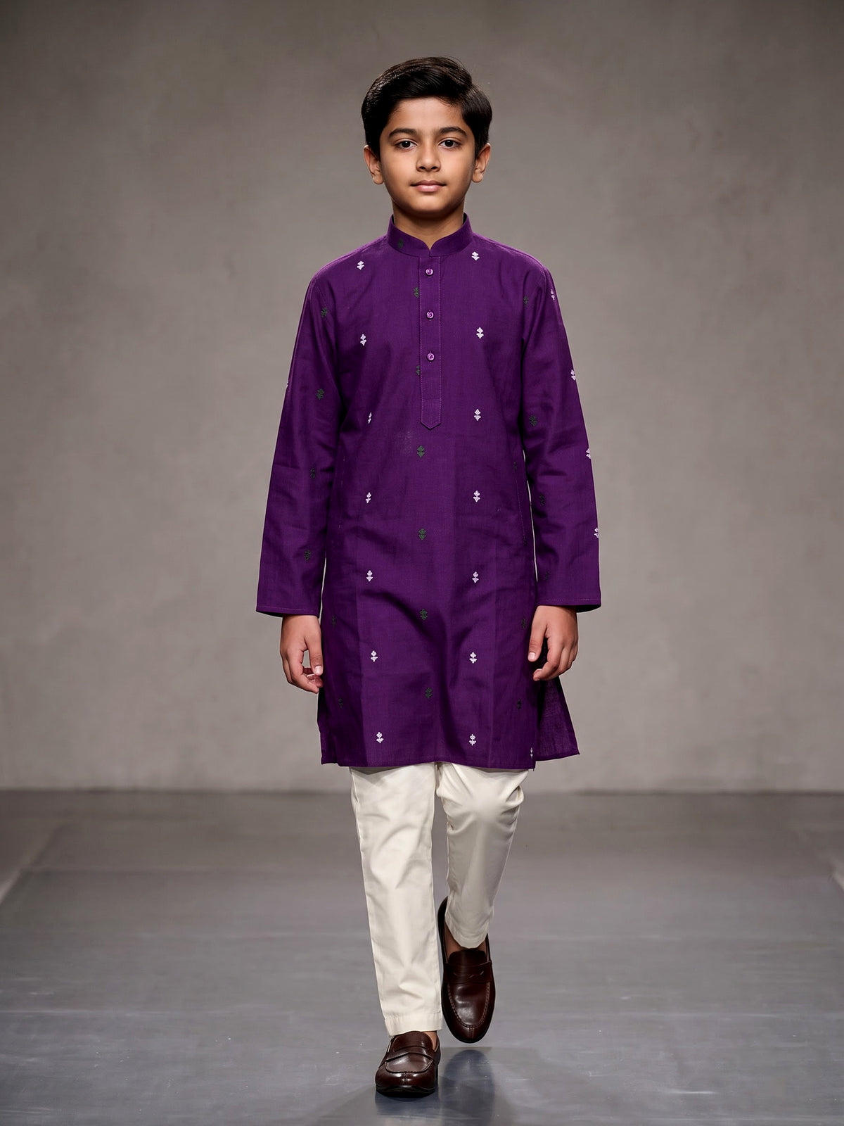 Purple boys cotton kurta suit with intricate butti thread work