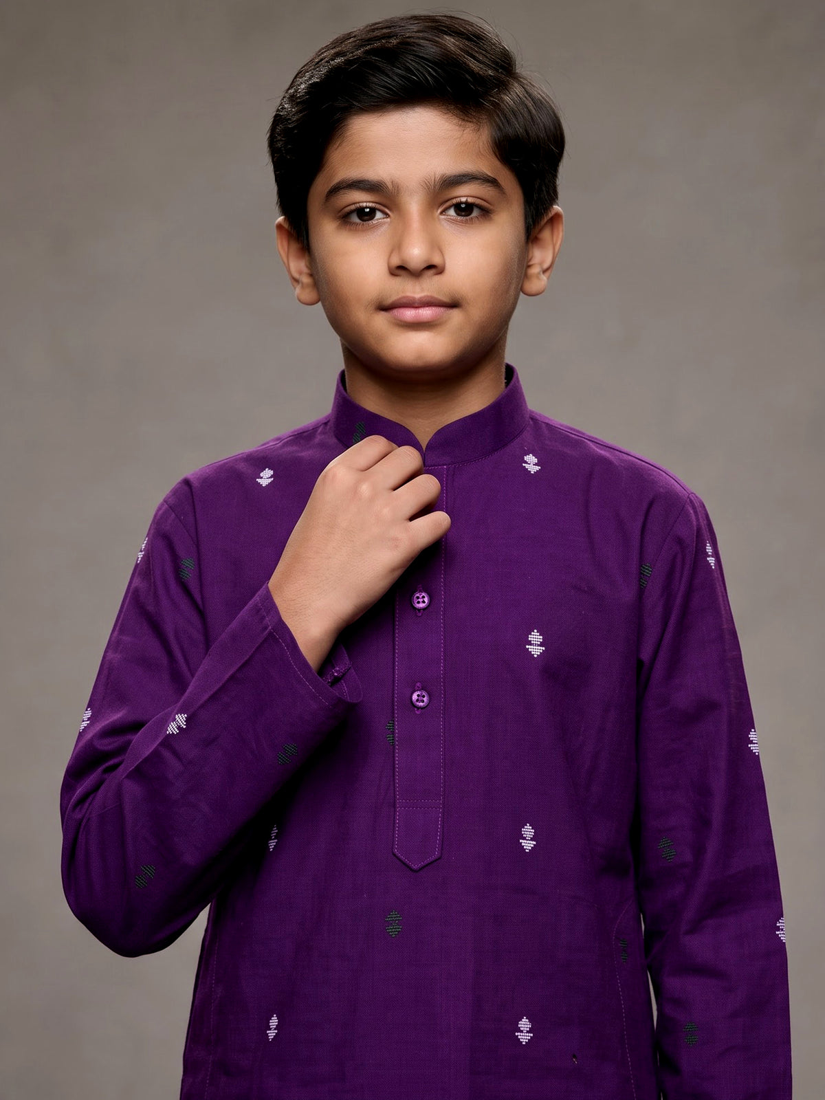Purple boys cotton kurta suit with intricate butti thread work
