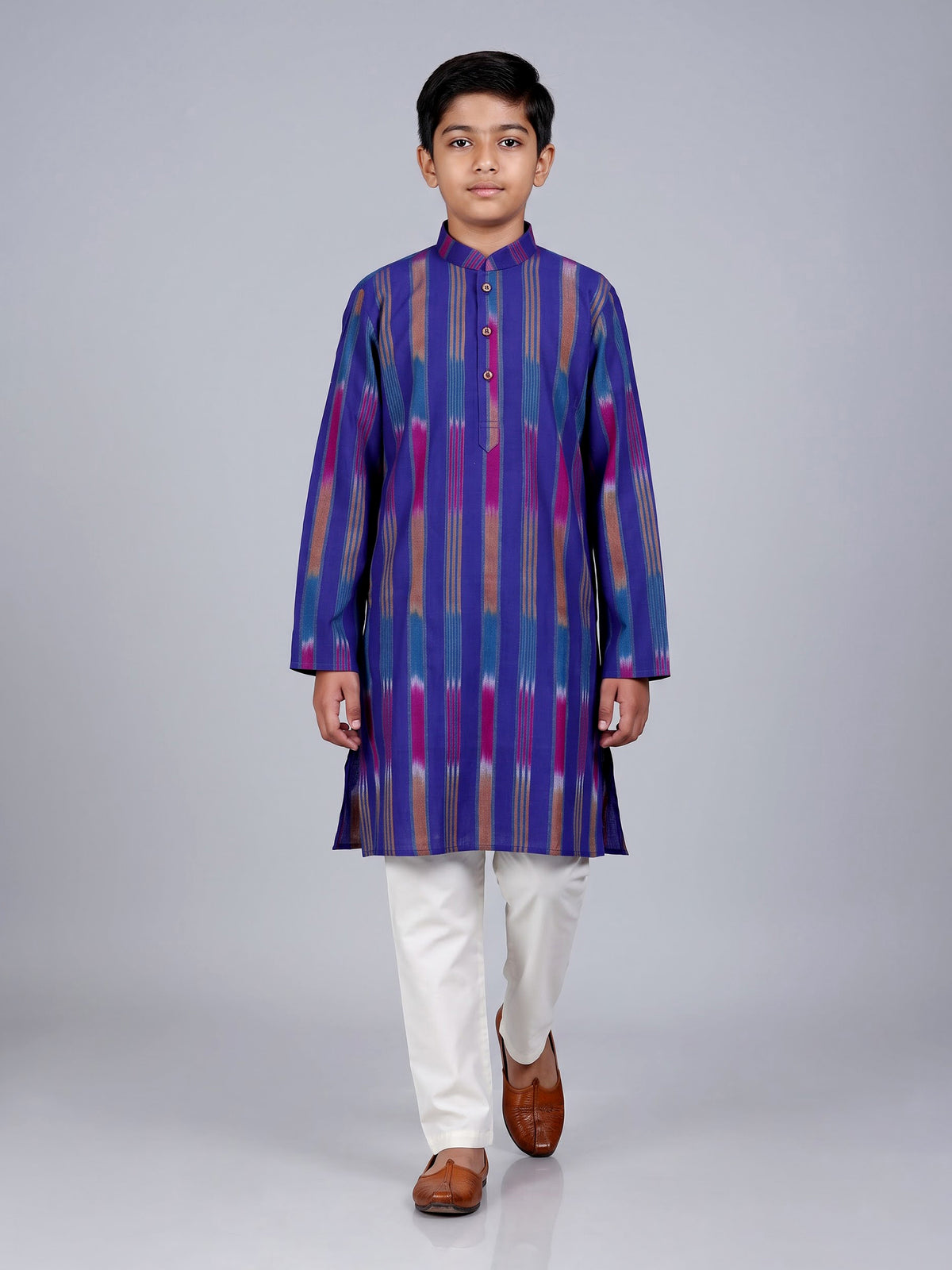 Royal blue boys cotton silk kurta suit with stripe print