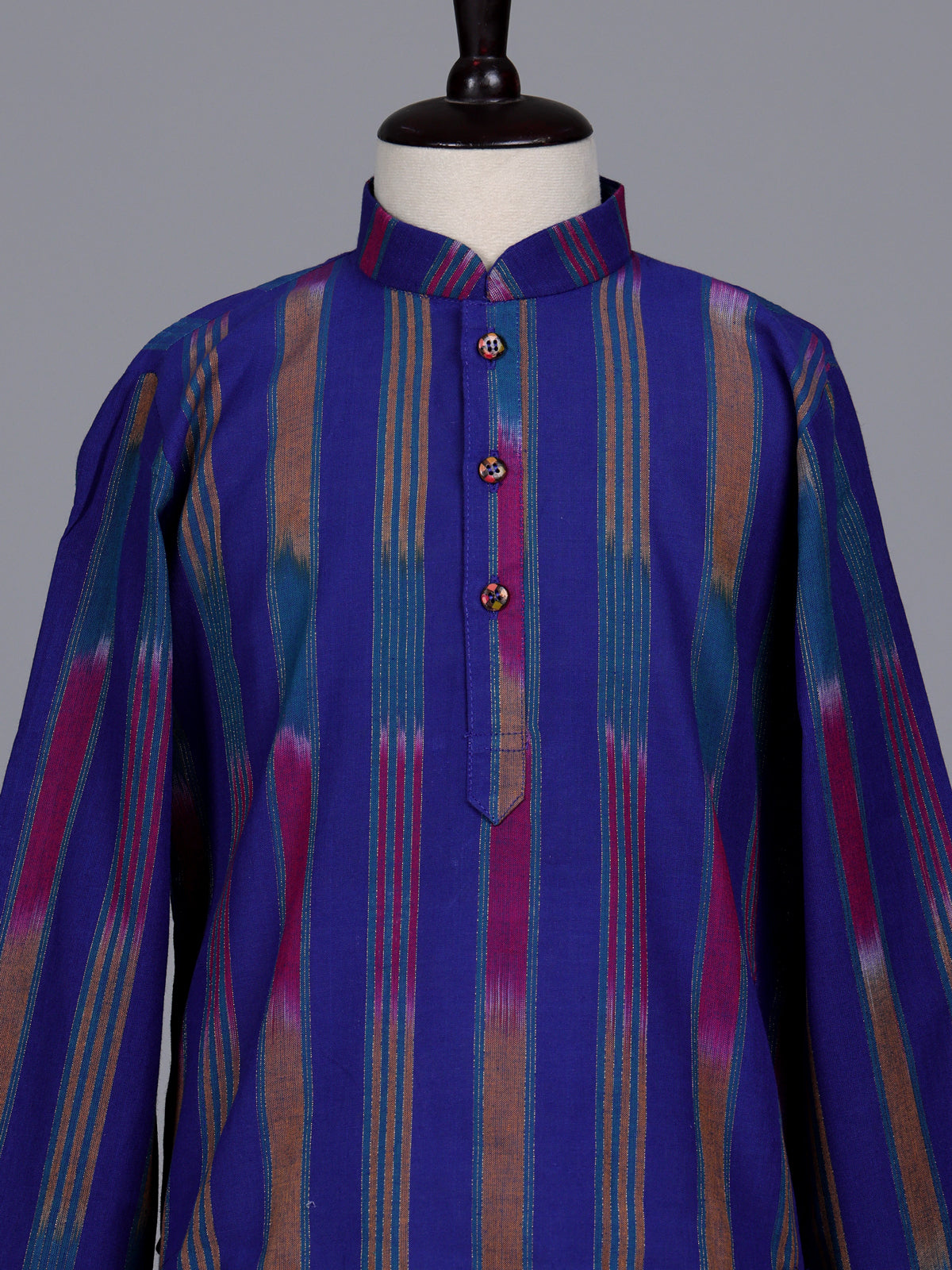 Royal blue boys cotton silk kurta suit with stripe print