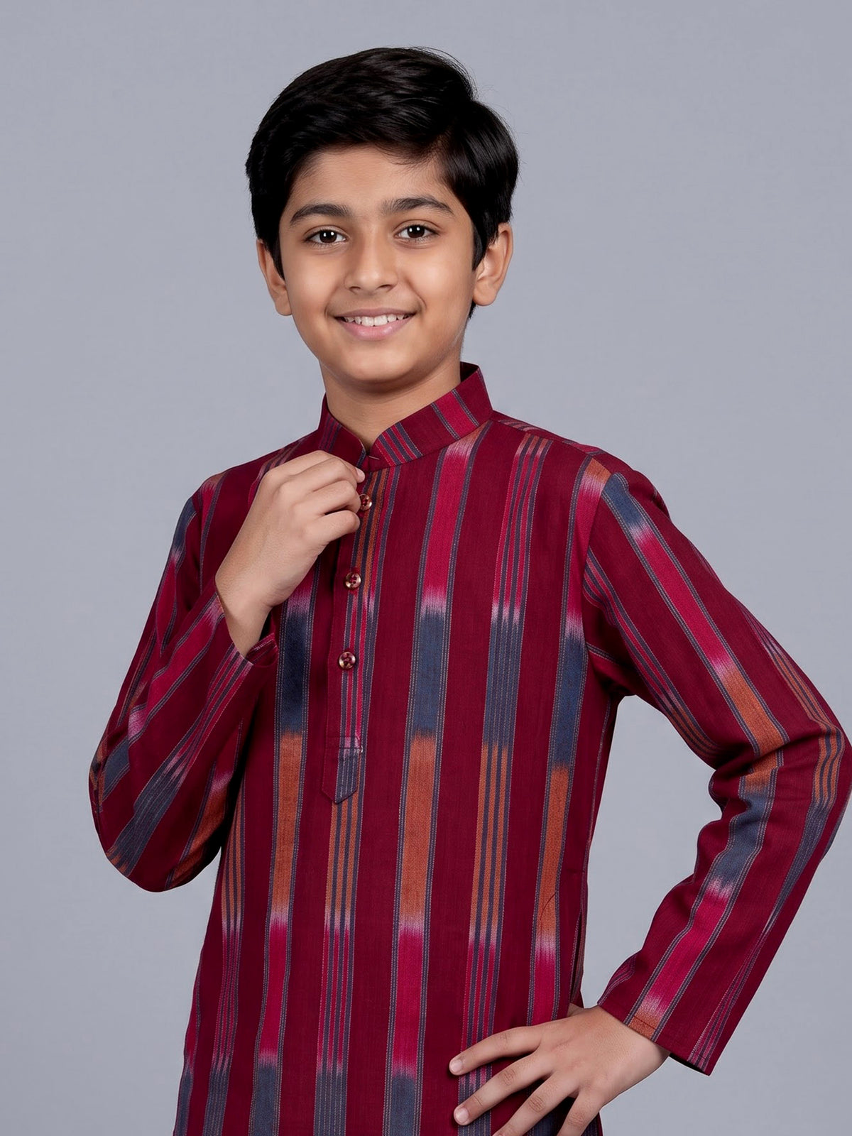 Maroon boys cotton silk kurta suit with elegant stripe print