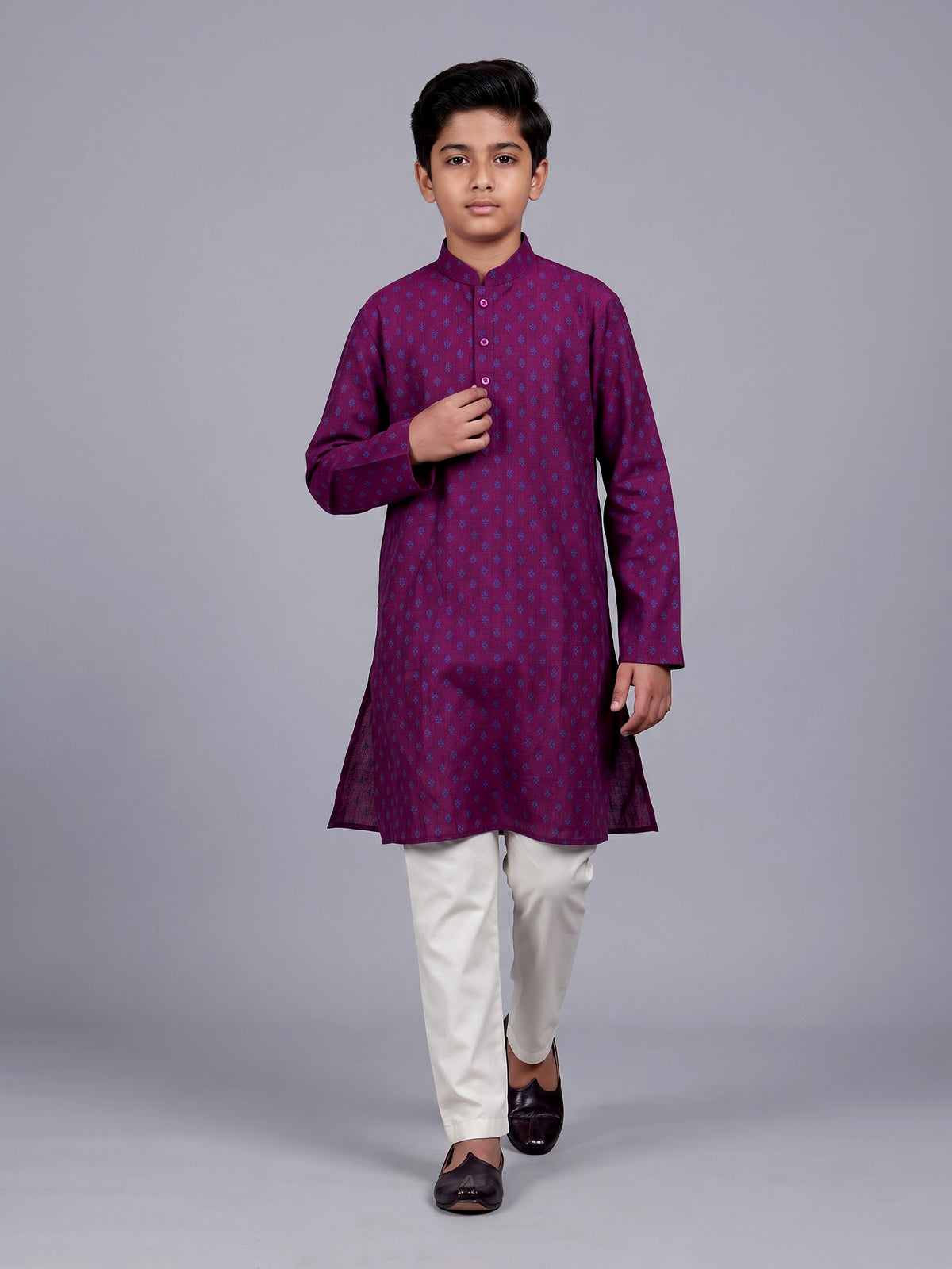 Purple boys cotton blend kurta suit with traditional butti print