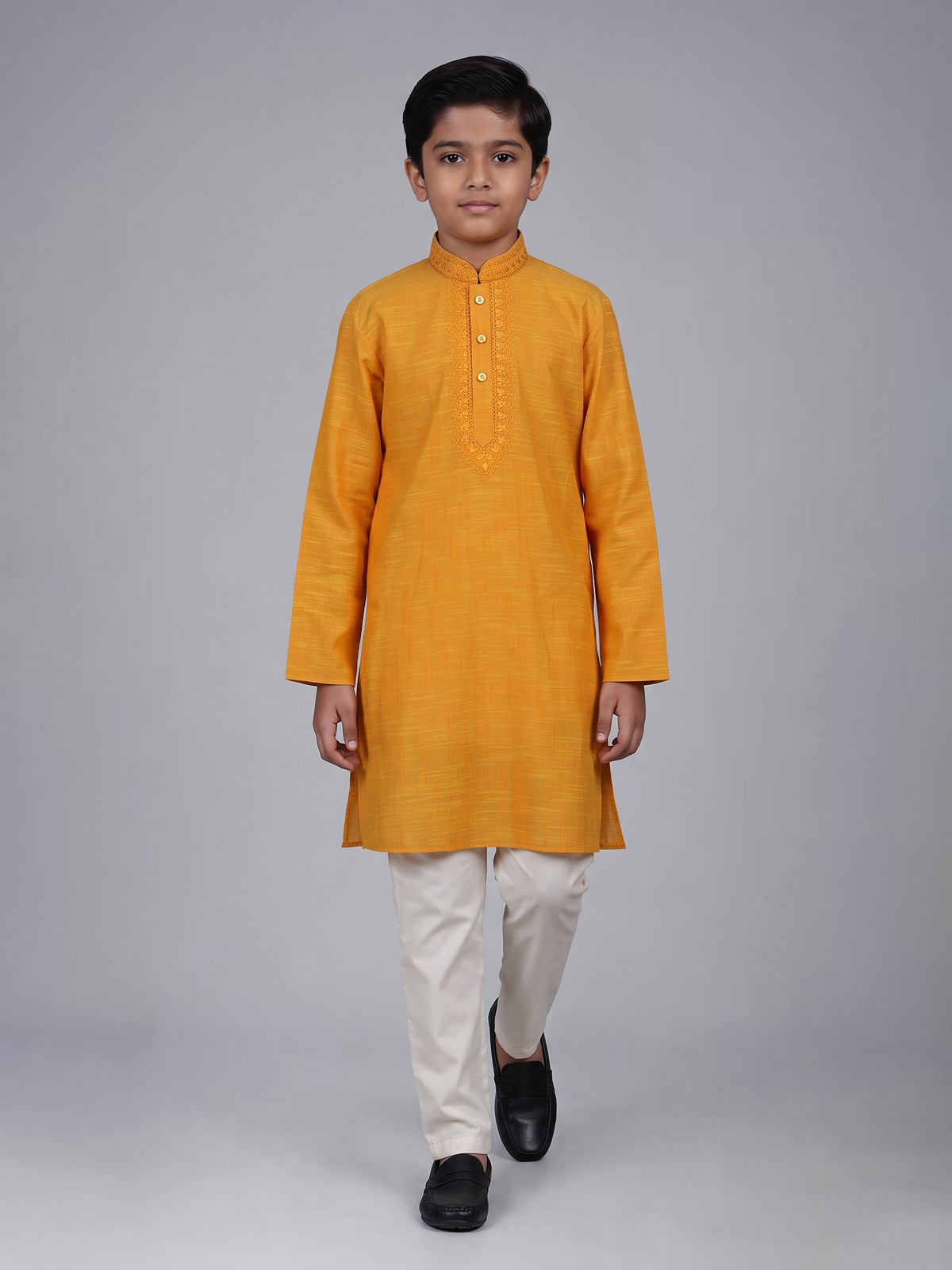 Mustard yellow boys cotton linen kurta suit with thread weaving