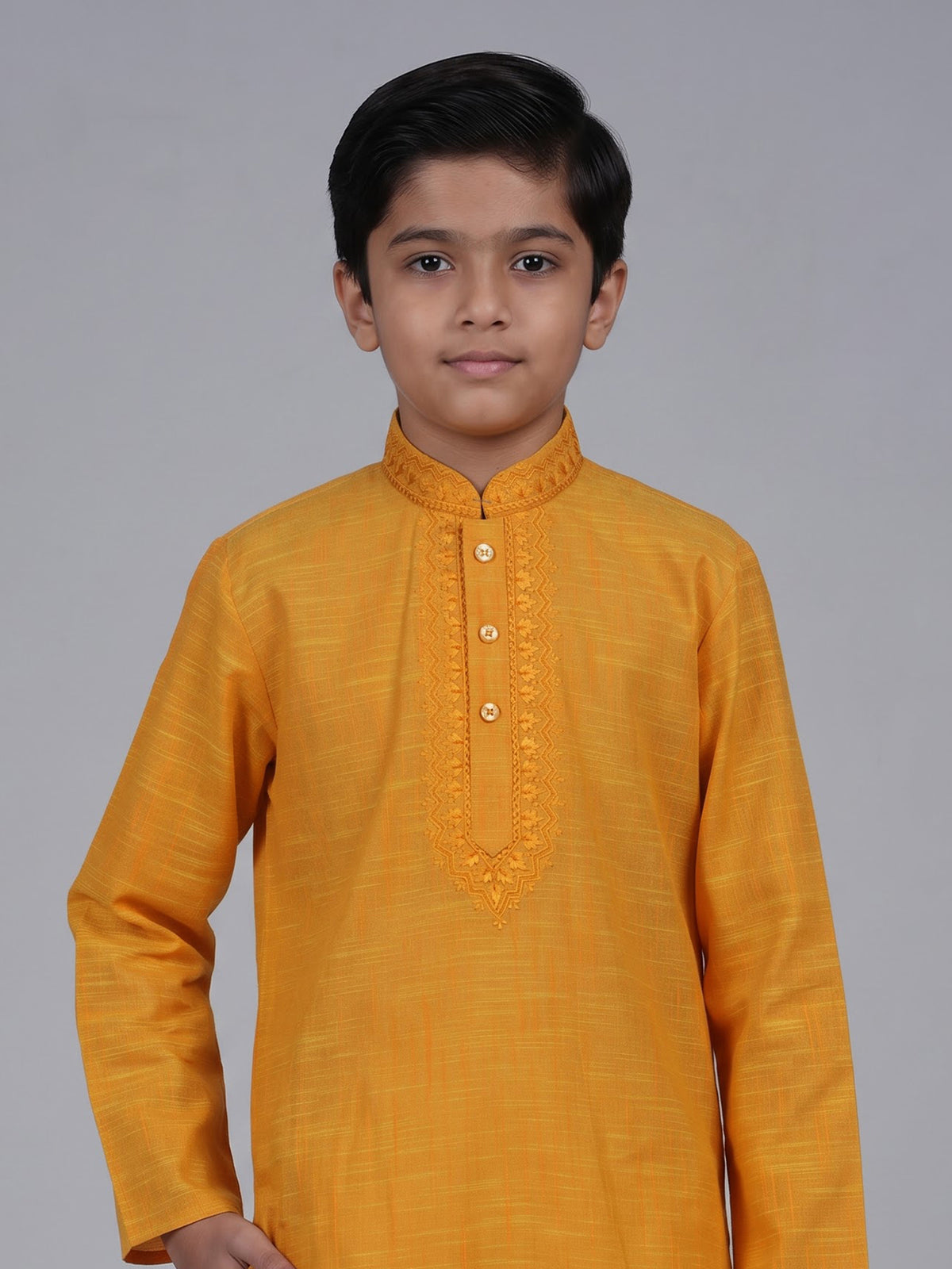 Mustard yellow boys cotton linen kurta suit with thread weaving