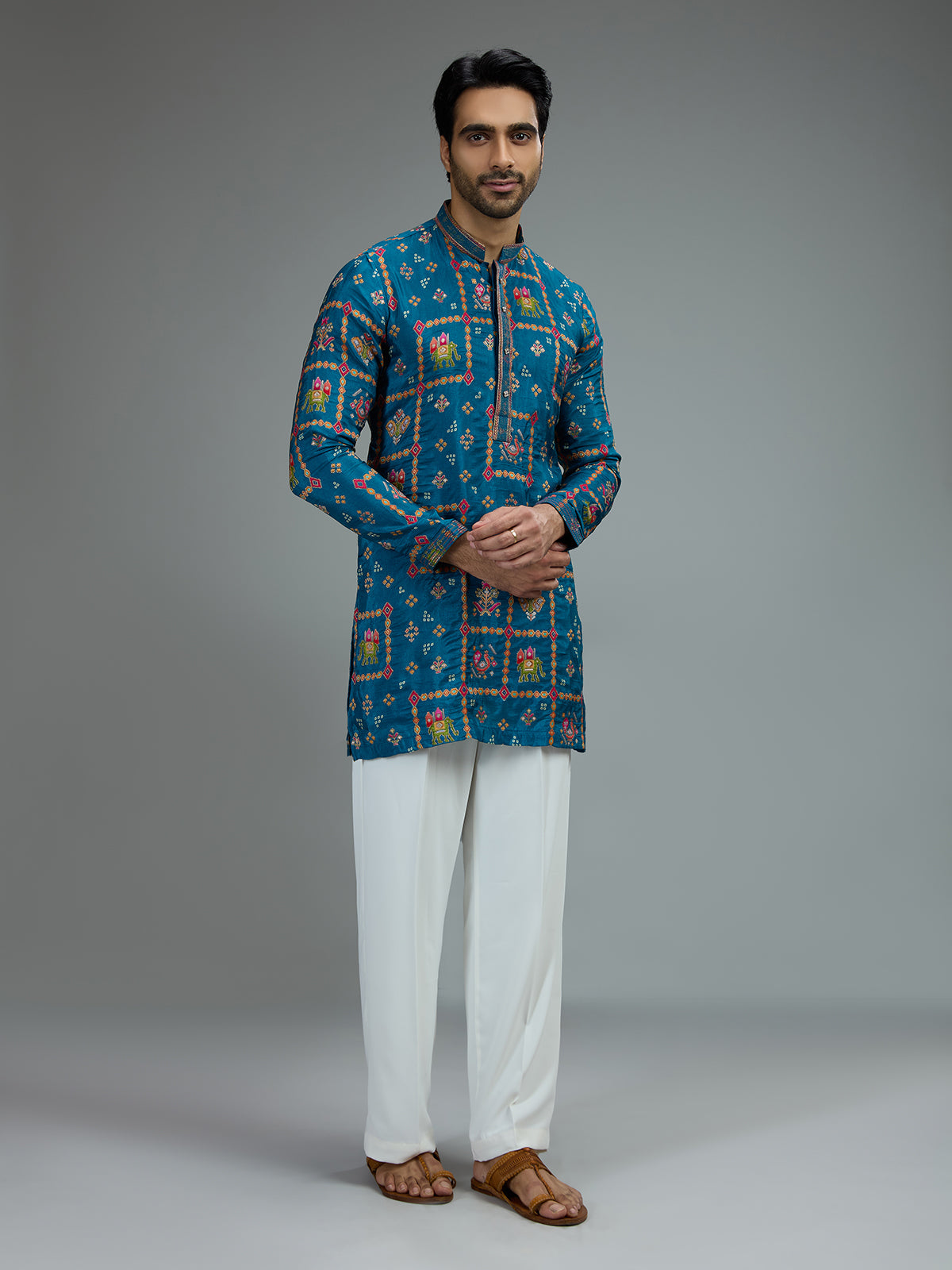 Blue heritage mens kurta pajama with resham motifs