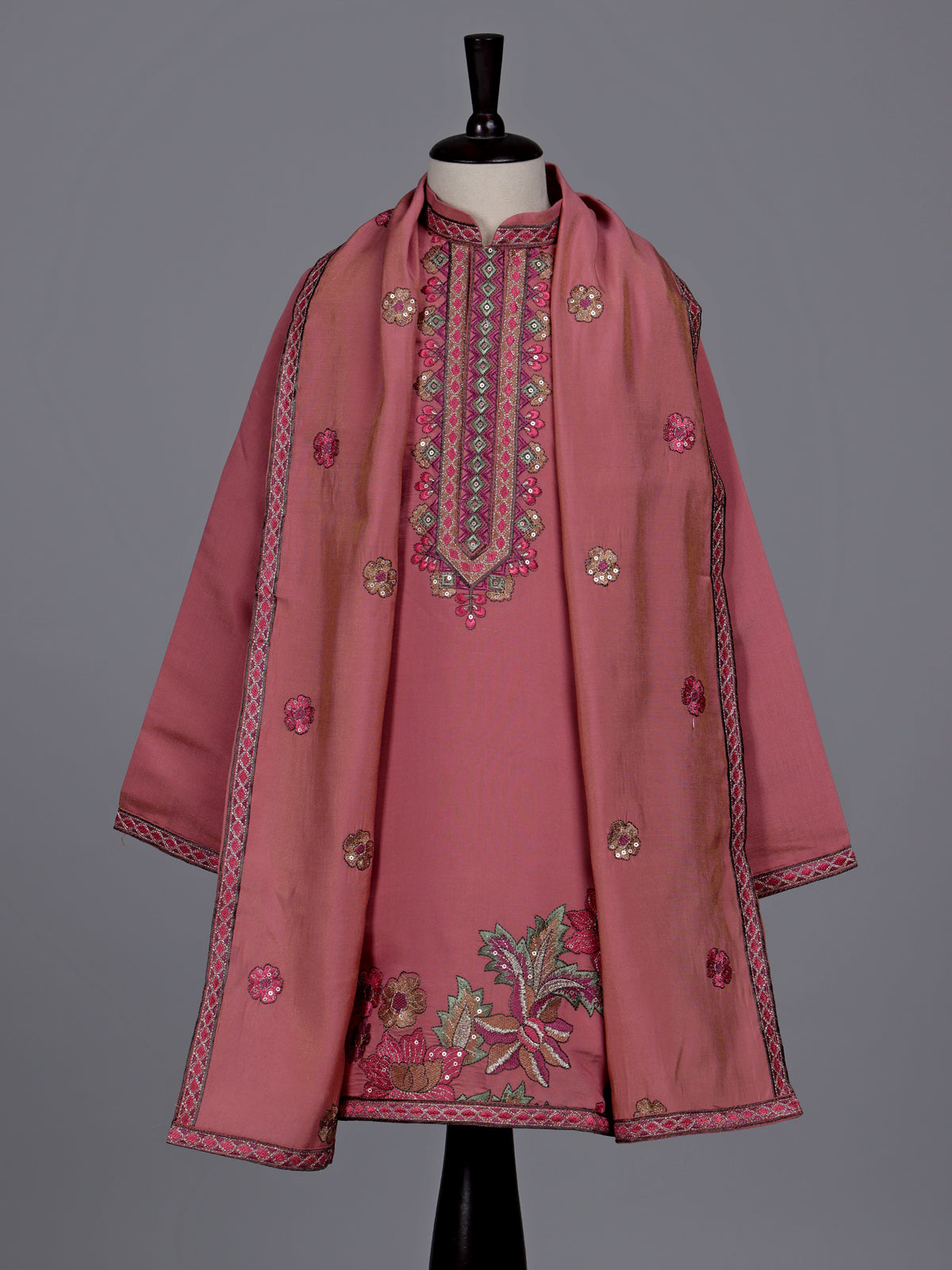 Onion pink boys silk blend kurta suit with floral dupatta