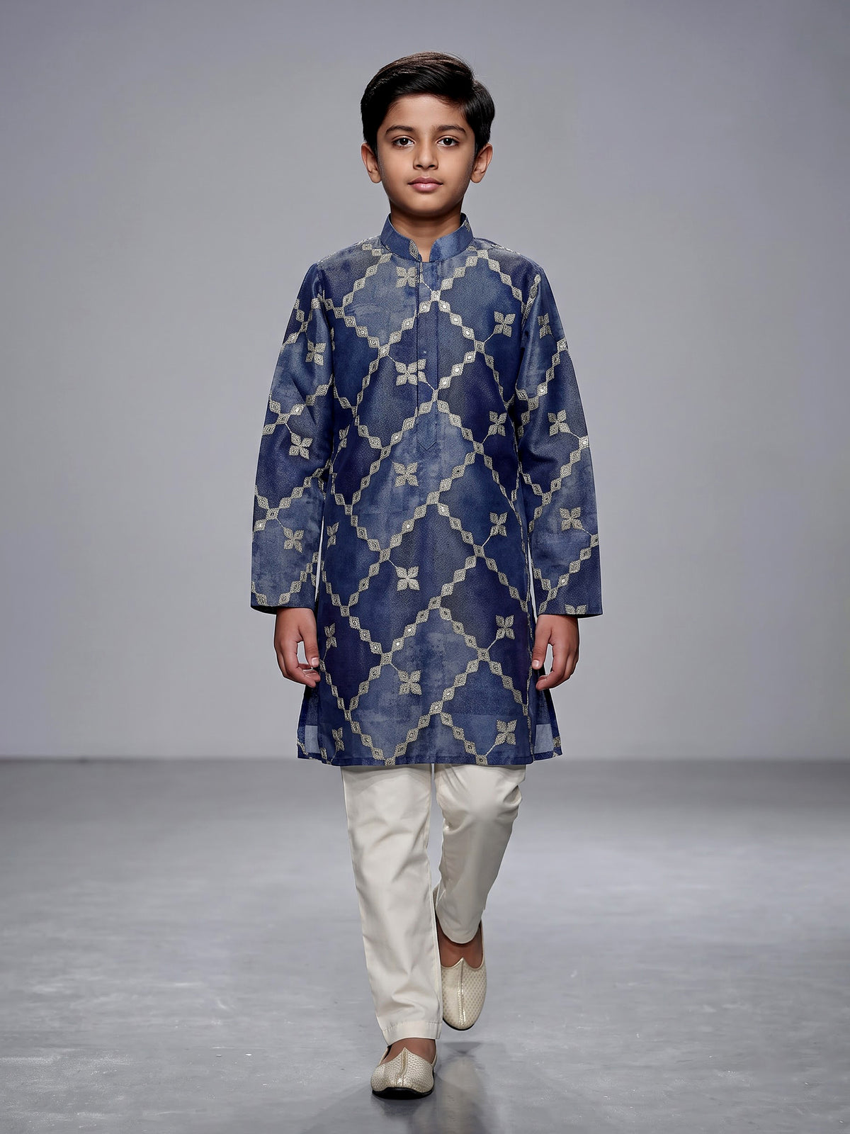 Pastel blue boys silk kurta suit with refined thread work