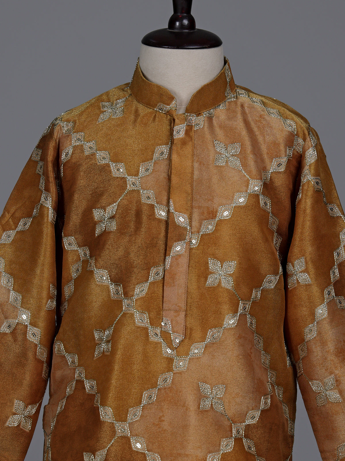 Pastel beige boys silk kurta suit with elegant thread work