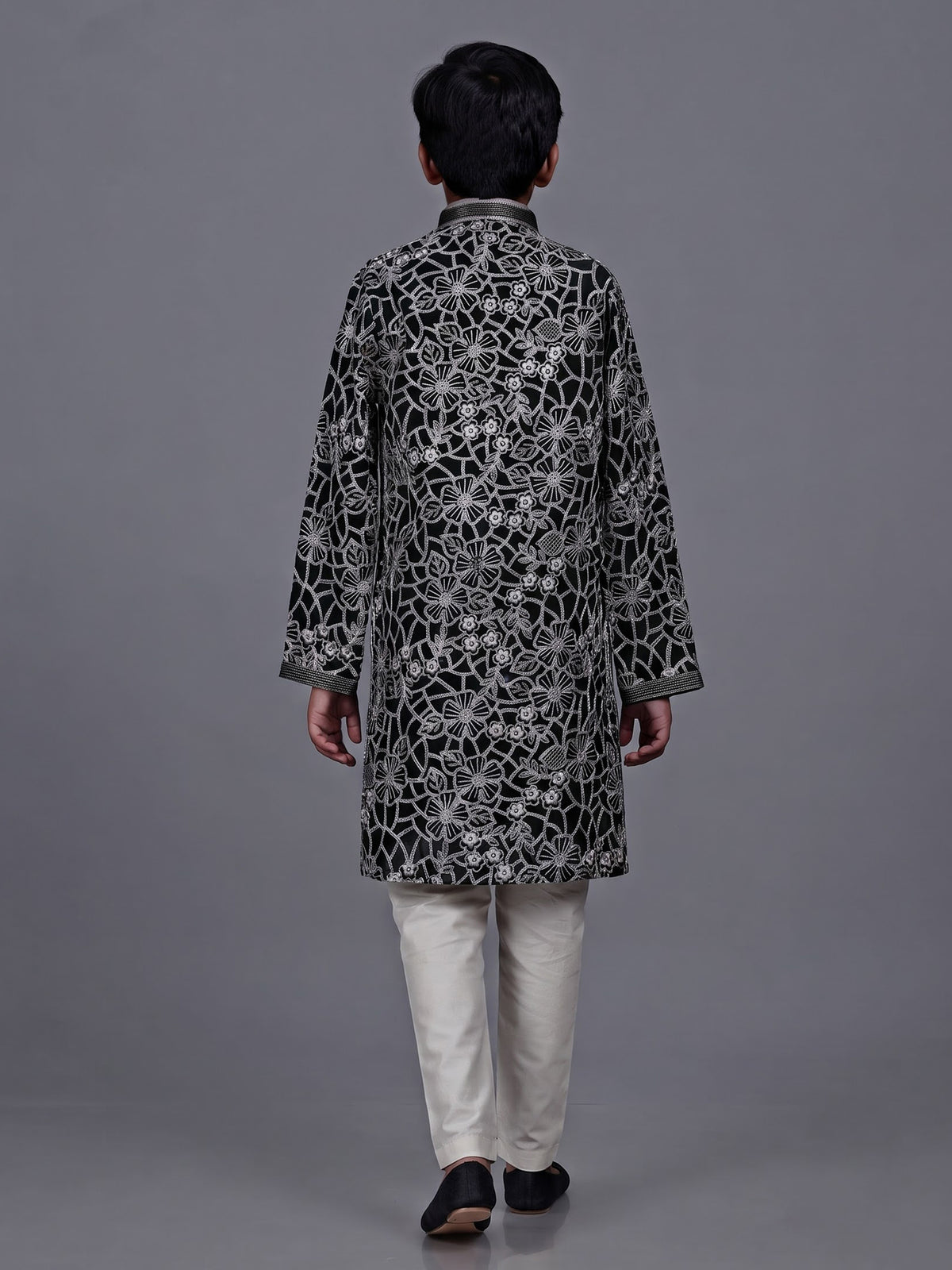Black boys georgette kurta suit with floral thread and sequins work