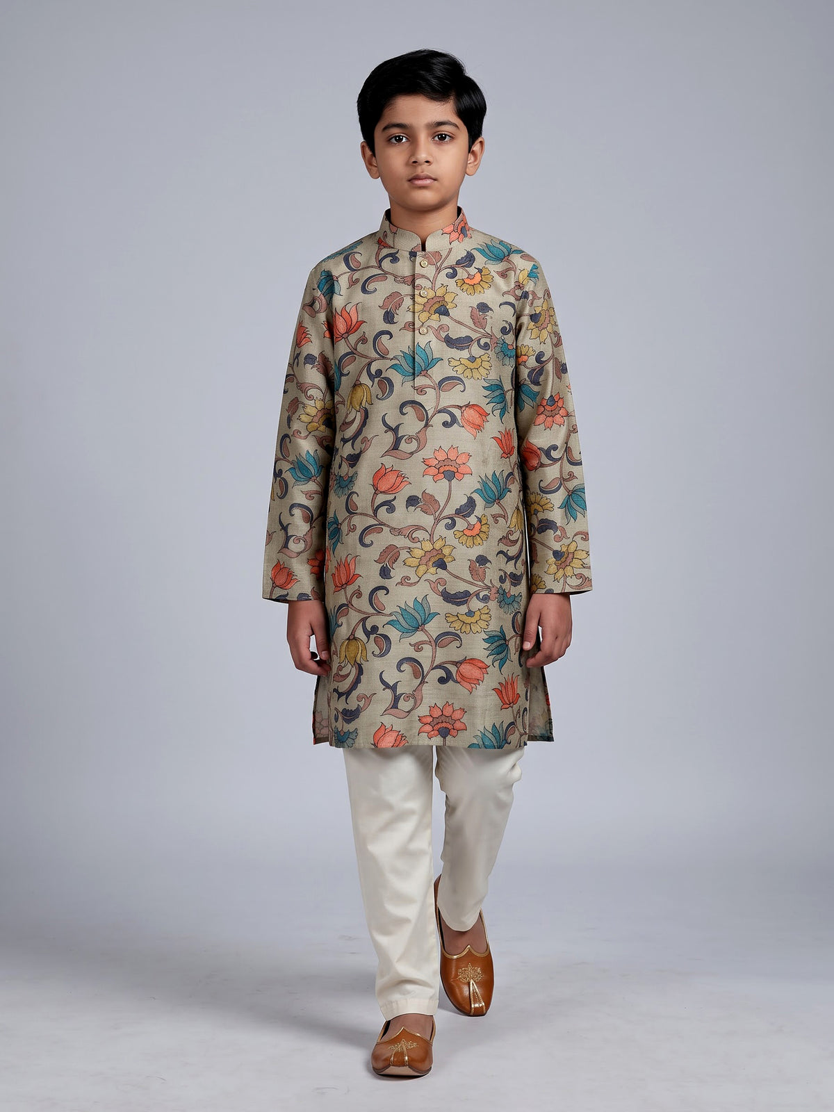 Sage green boys linen silk kurta suit with floral print