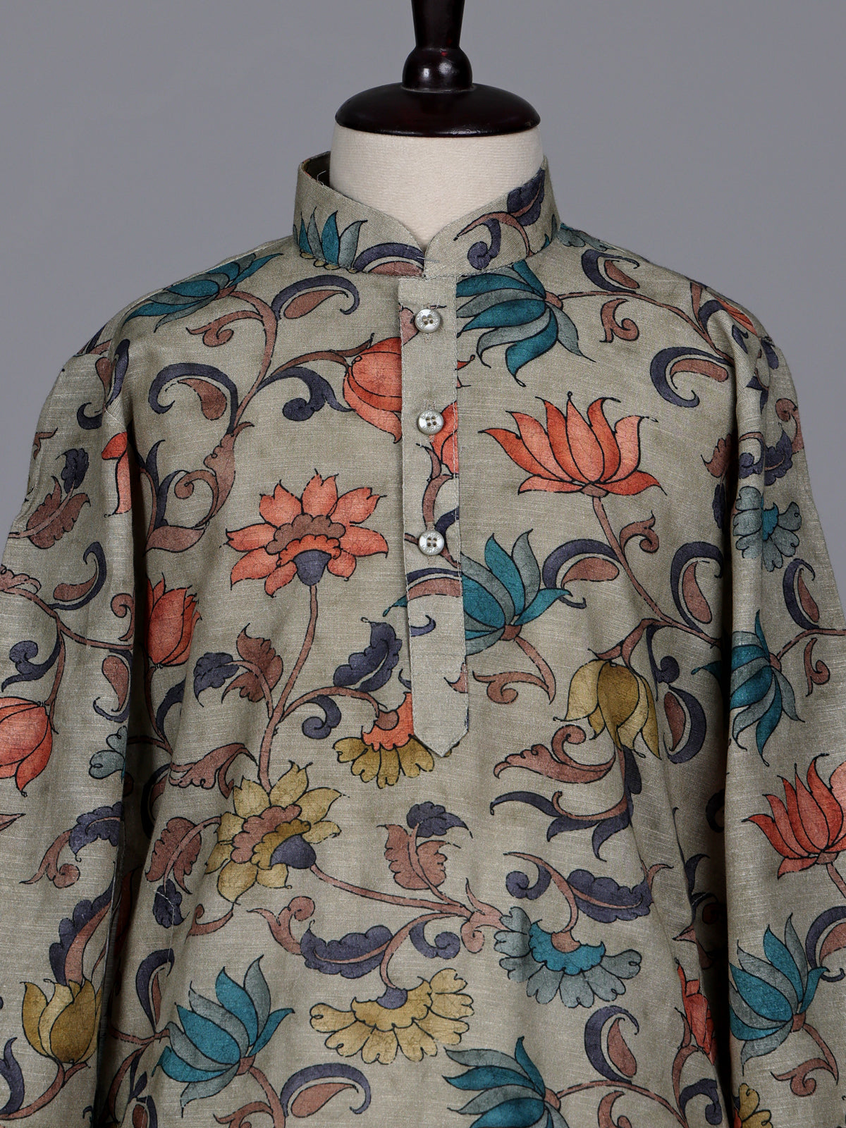 Sage green boys linen silk kurta suit with floral print