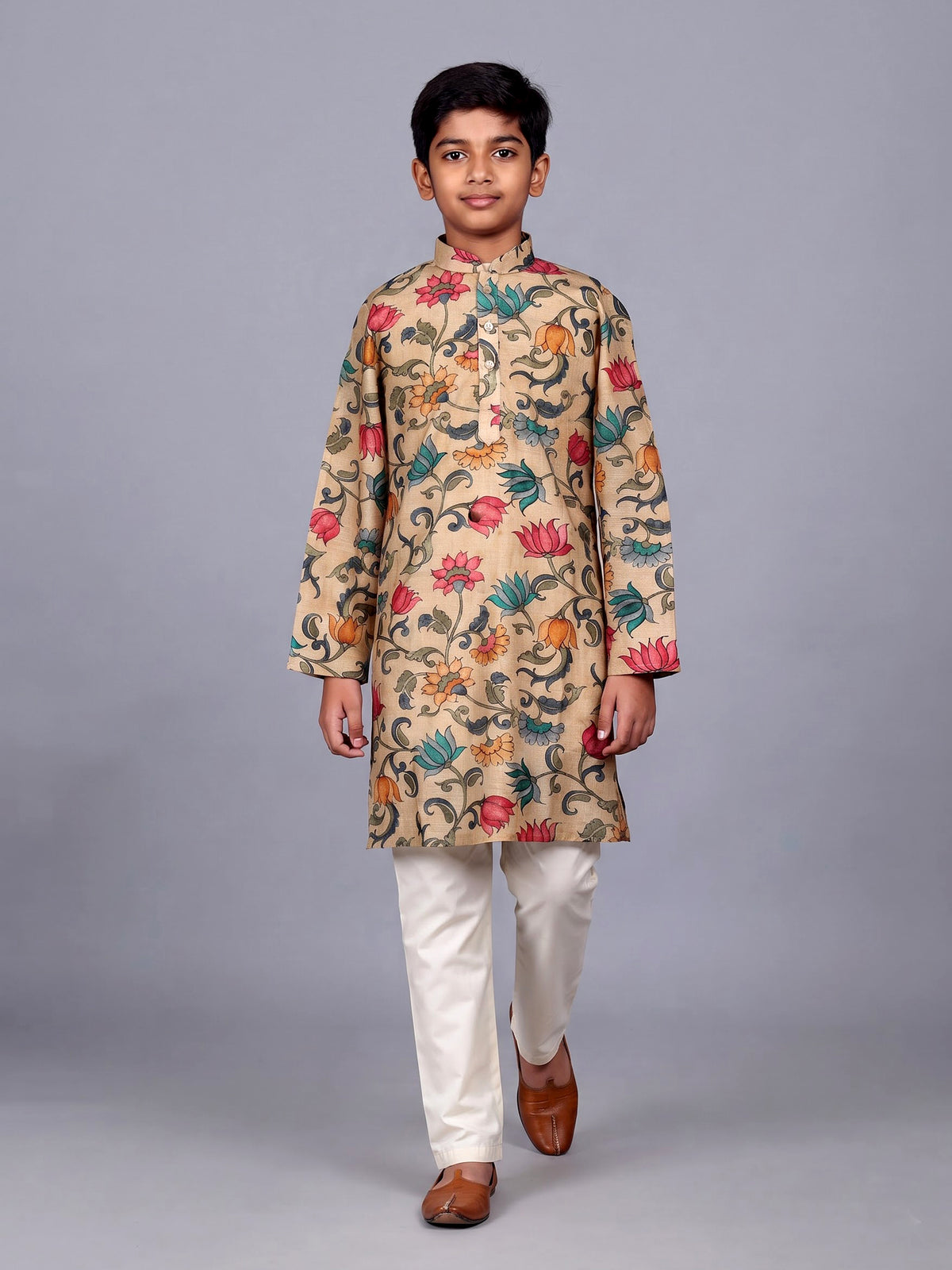 Beige boys linen silk kurta suit with digital floral print
