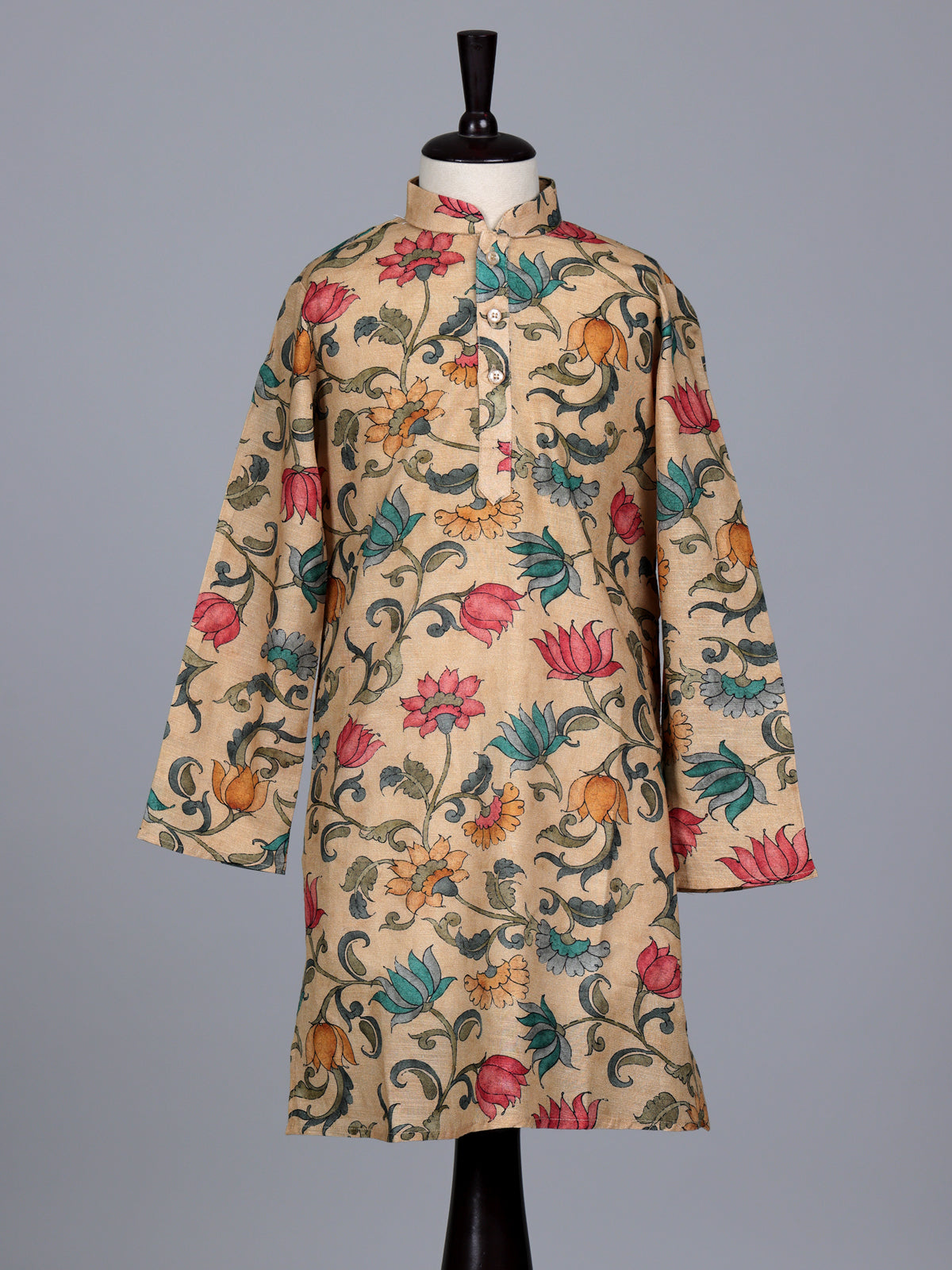 Beige boys linen silk kurta suit with digital floral print