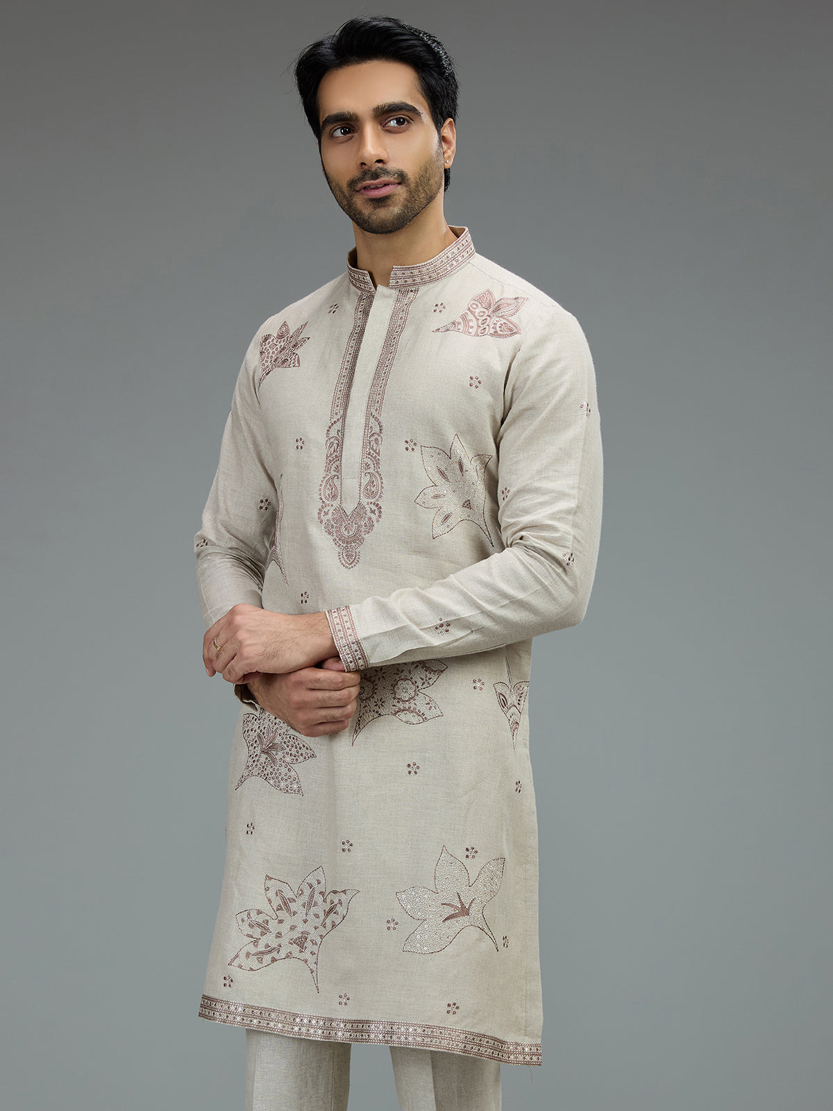 Cream elegant mens kurta pajama with motifs