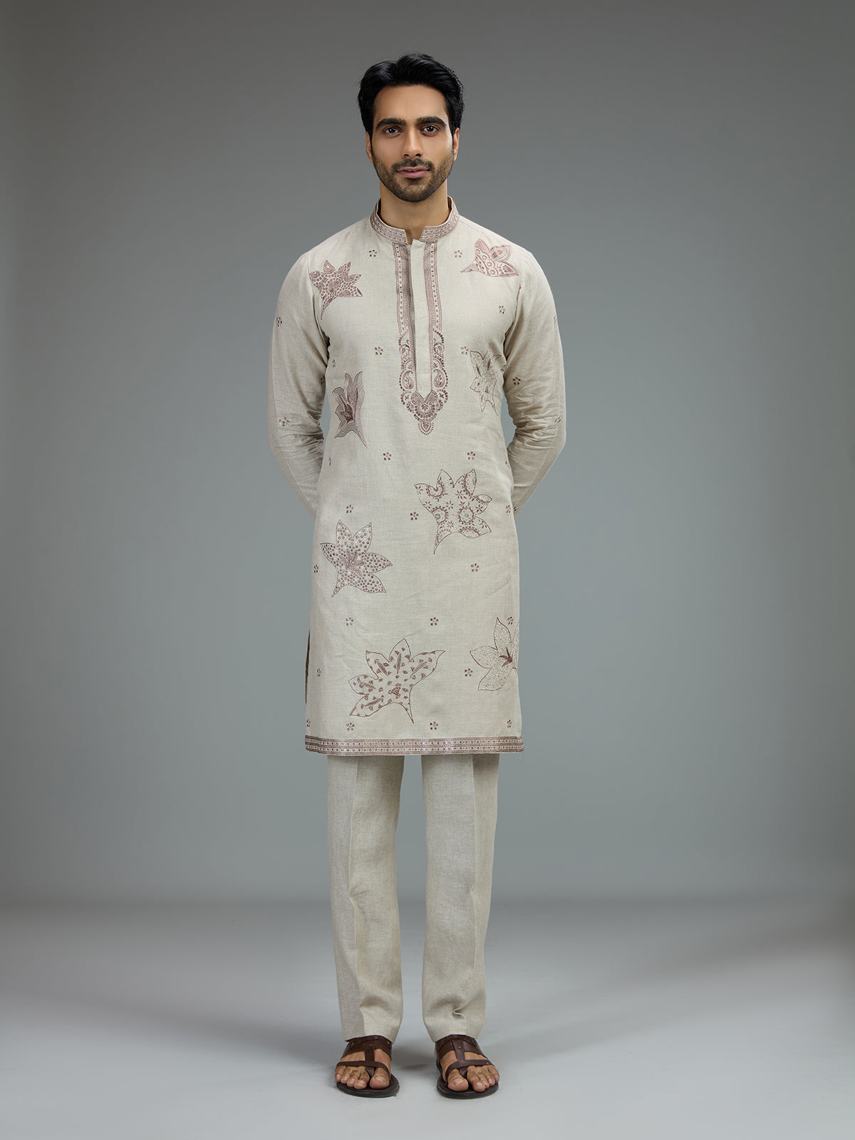 Cream elegant mens kurta pajama with motifs