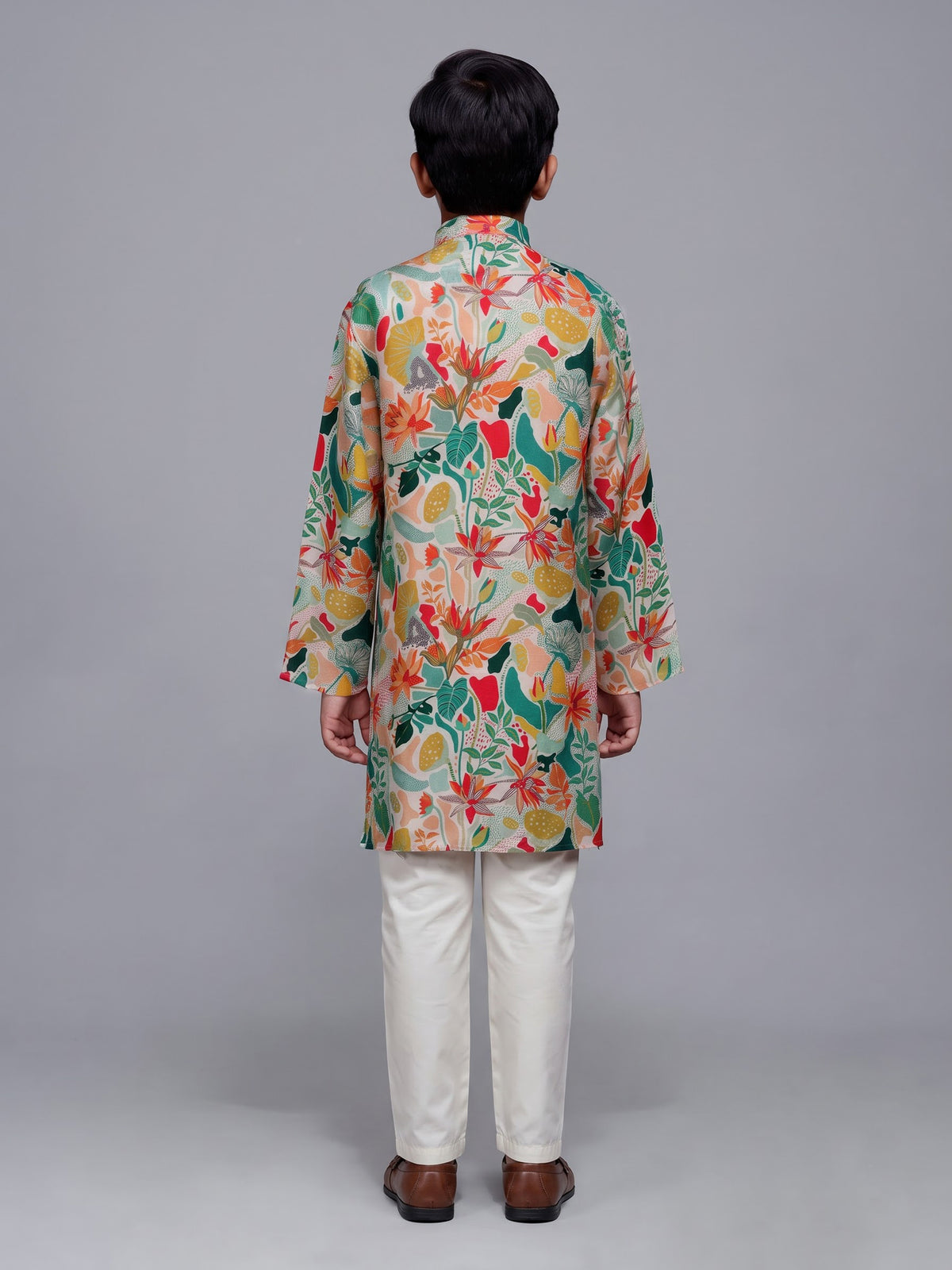 Multicolor boys cotton silk kurta suit with botanical floral print