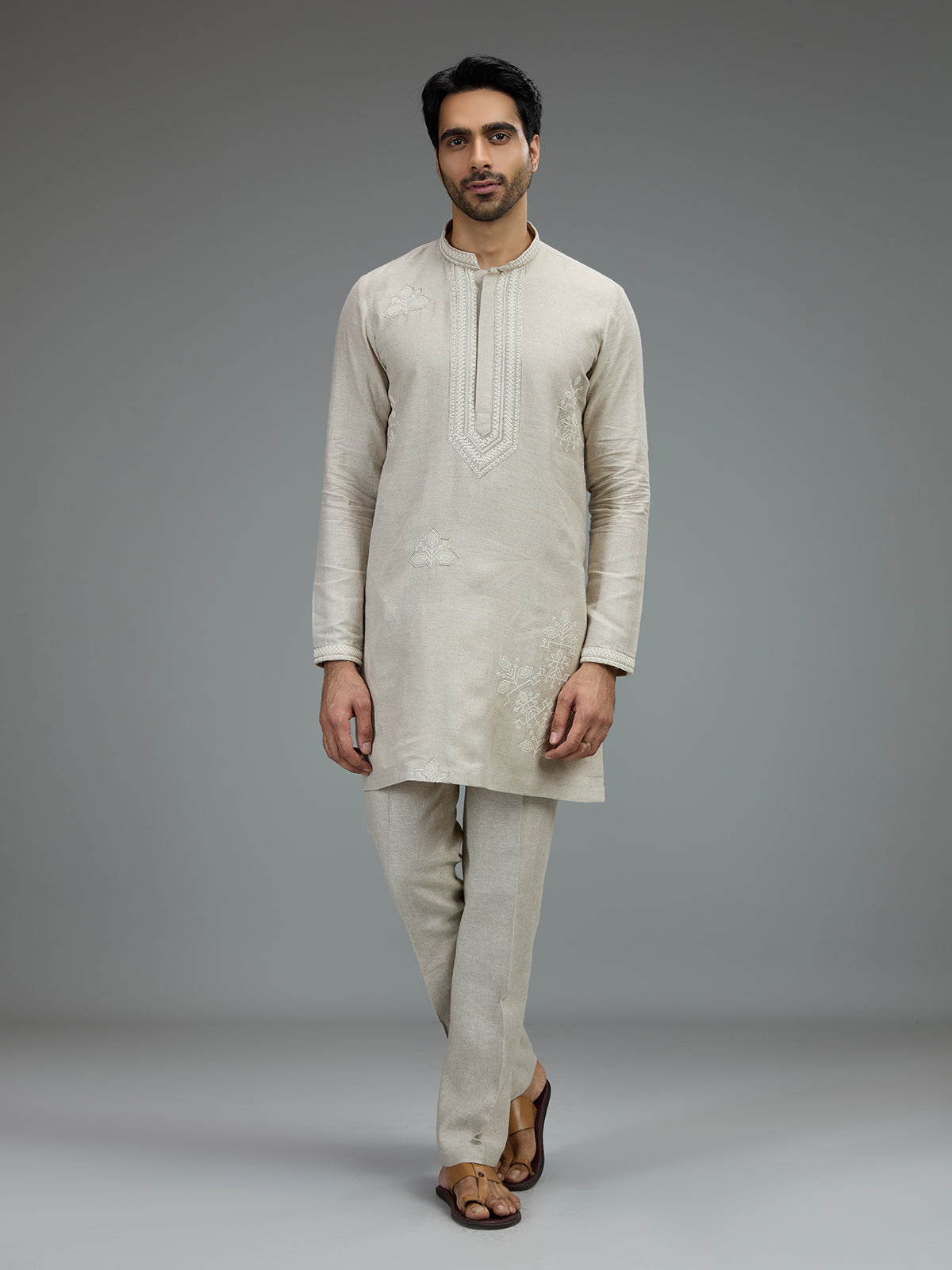 Light grey elegant mens kurta pajama with botanical embroidery