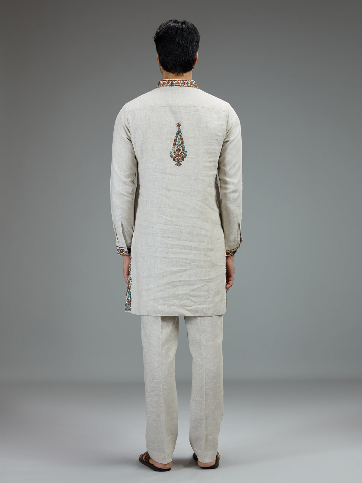 White classic mens kurta pajama with heritage embroidery