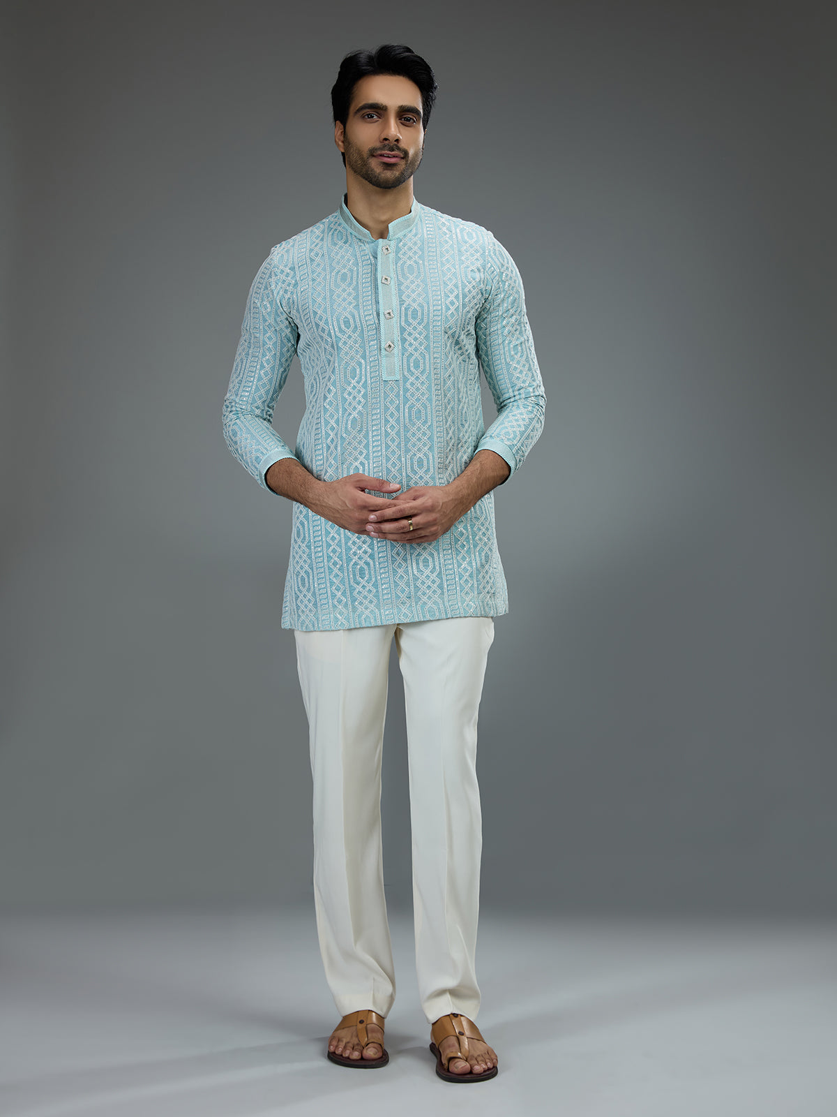 Sky blue smart mens kurta suit with geometric resham work