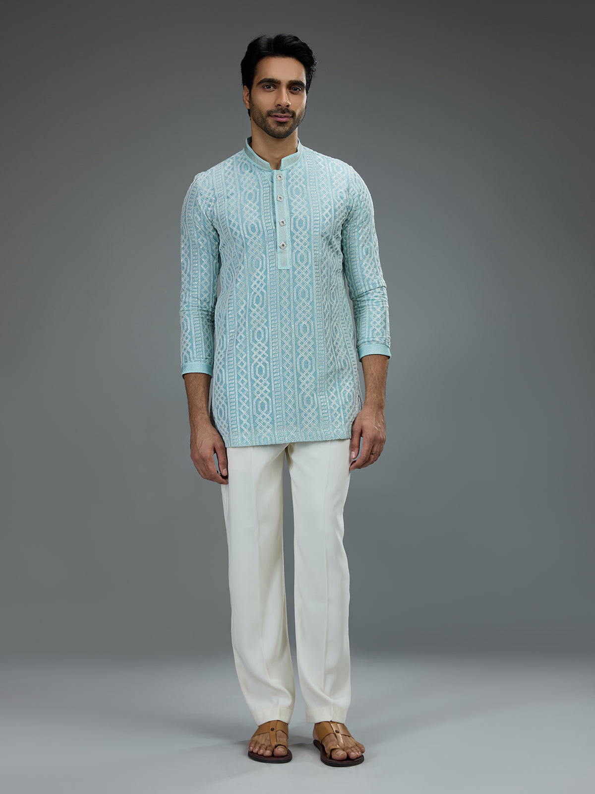 Sky blue smart mens kurta suit with geometric resham work