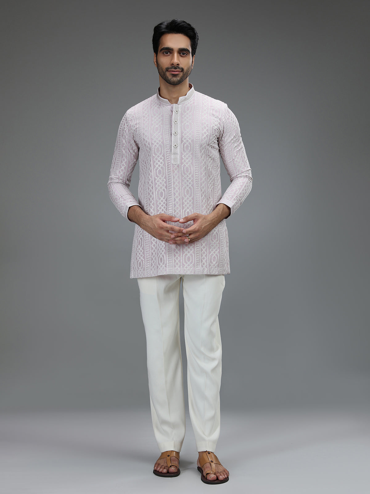 Lavender refined mens kurta pajama with geometric detailing