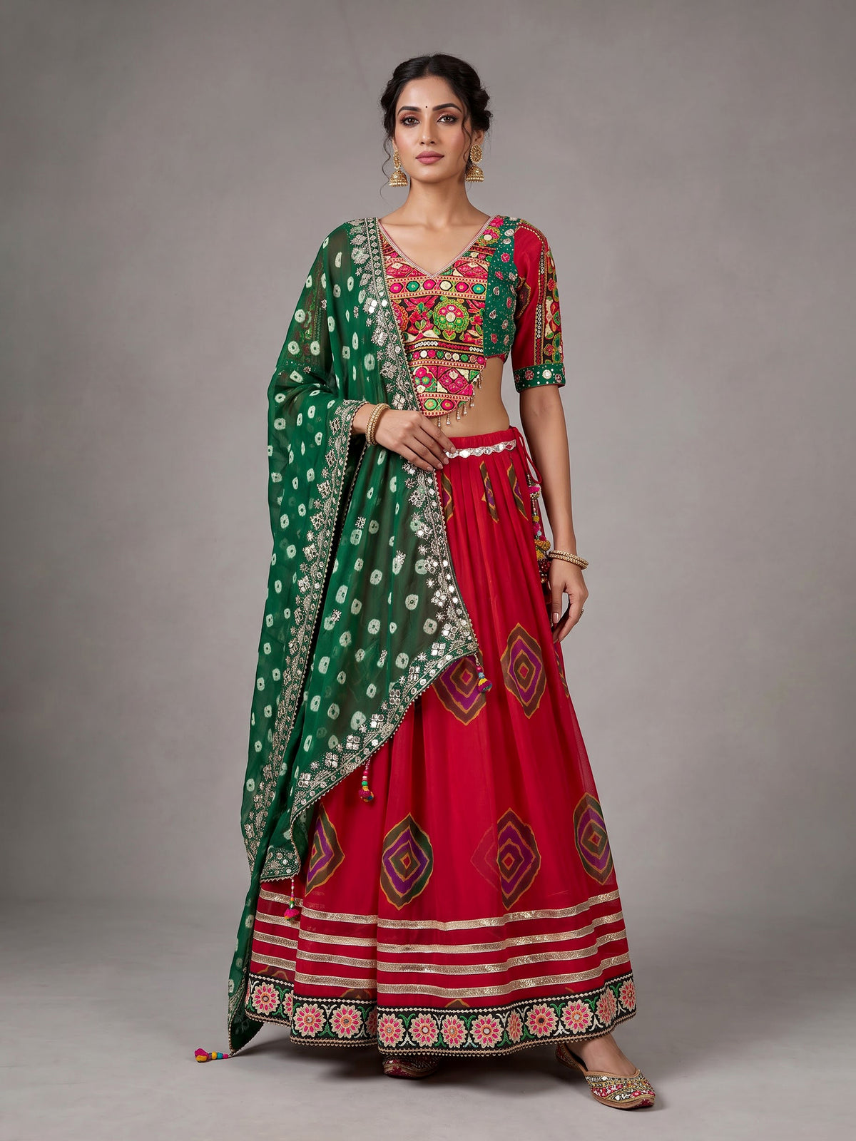 Red printed georgette Navratri lehenga choli with sparkling detailing