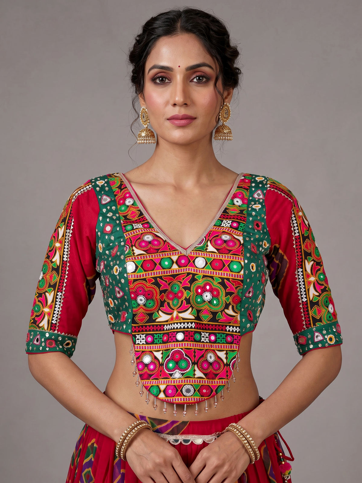 Red printed georgette Navratri lehenga choli with sparkling detailing