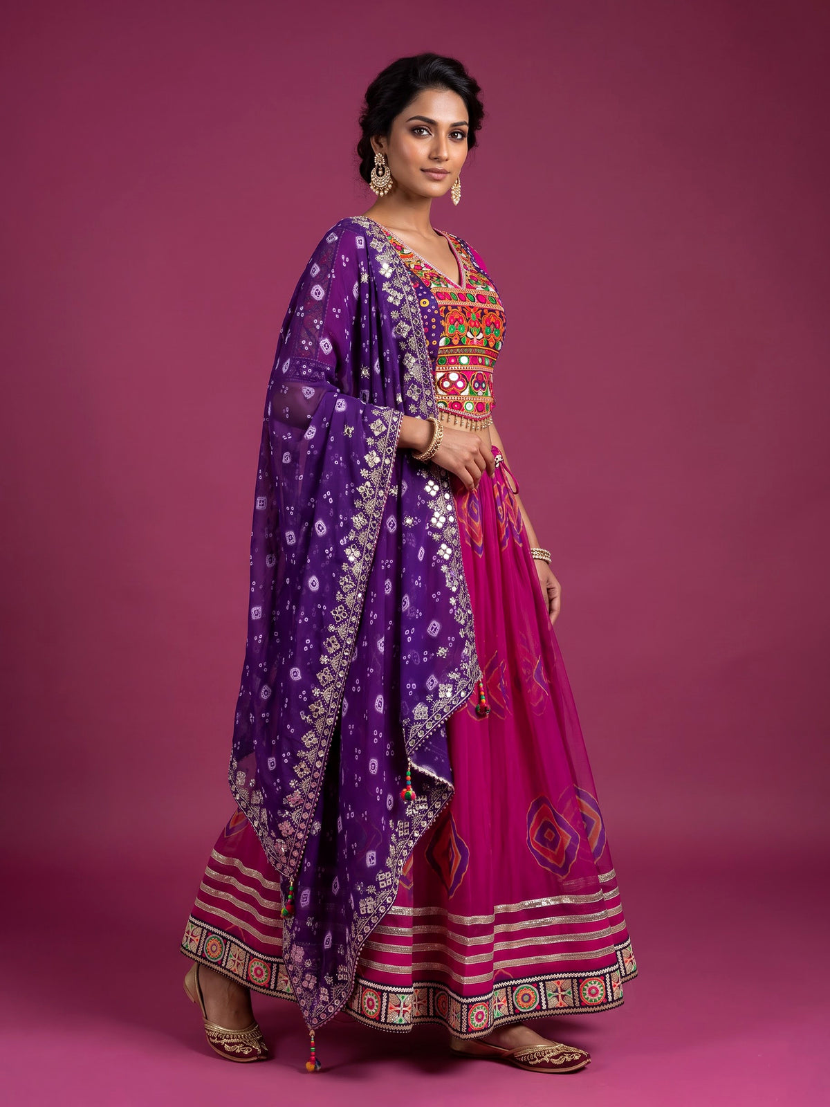 Pink printed georgette Navratri lehenga choli with intricate embellishments
